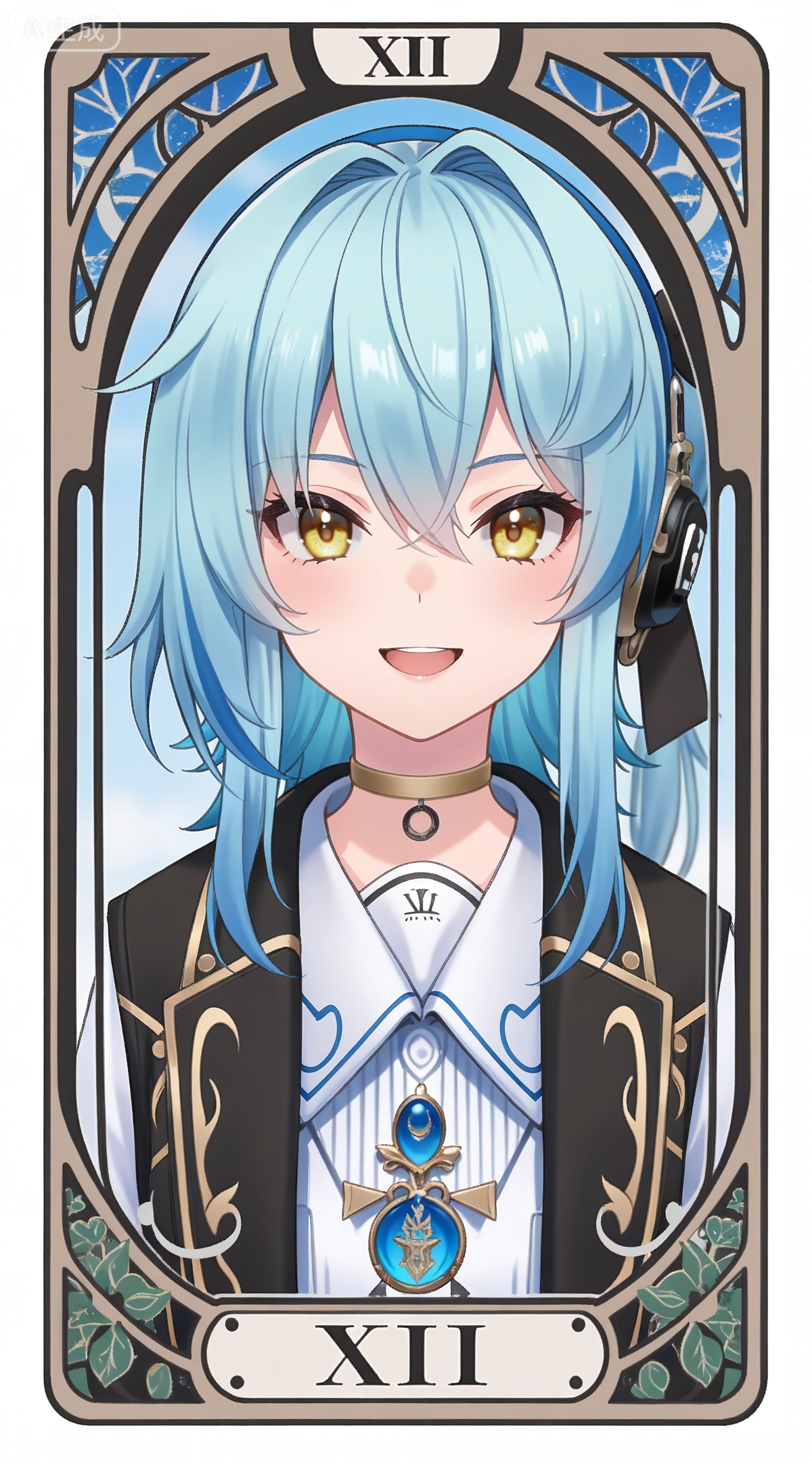 depth of field,masterpiece,best quality,very aesthetic,alternate costume,alternate costume,2024,2023,perfect composition,ultra-detailed,extreme aesthetic,masterpiece,best quality,good quality,newest,year 2024,year 2023,very aesthetic,absurdres,looking_at_viewer,colorful,
,art nouveau,traditional media,flower,xiamu,(tarot (medium):1.2),day,shadow,
blue hair, light blue hair, yellow eyes, long hair, puling braided ponytail, one side up, single braid, puling black choker, puling headphones, puling black jacket, puling detachable sleeves, puling shirt, puling headphones, puling black hair bow, solo, looking at viewer, smile, open mouth, 1girl, virtual youtuber, white background, upper body, simple background, hair between eyes, :d