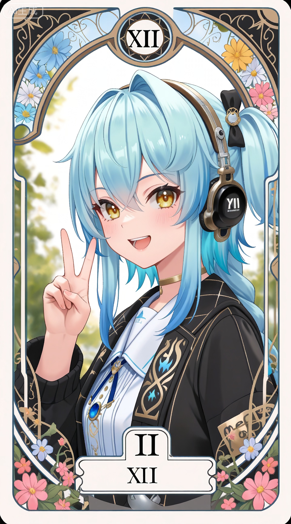 depth of field,masterpiece,best quality,very aesthetic,alternate costume,alternate costume,2024,2023,perfect composition,ultra-detailed,extreme aesthetic,masterpiece,best quality,good quality,newest,year 2024,year 2023,very aesthetic,absurdres,looking_at_viewer,colorful,
,art nouveau,traditional media,flower,xiamu,(tarot (medium):1.2),day,shadow,
blue hair, light blue hair, yellow eyes, long hair, puling braided ponytail, one side up, single braid, puling black choker, puling headphones, puling black jacket, puling detachable sleeves, puling shirt, puling headphones, puling black hair bow, solo, looking at viewer, smile, open mouth, v,1girl, virtual youtuber, white background, upper body, simple background, hair between eyes, :d