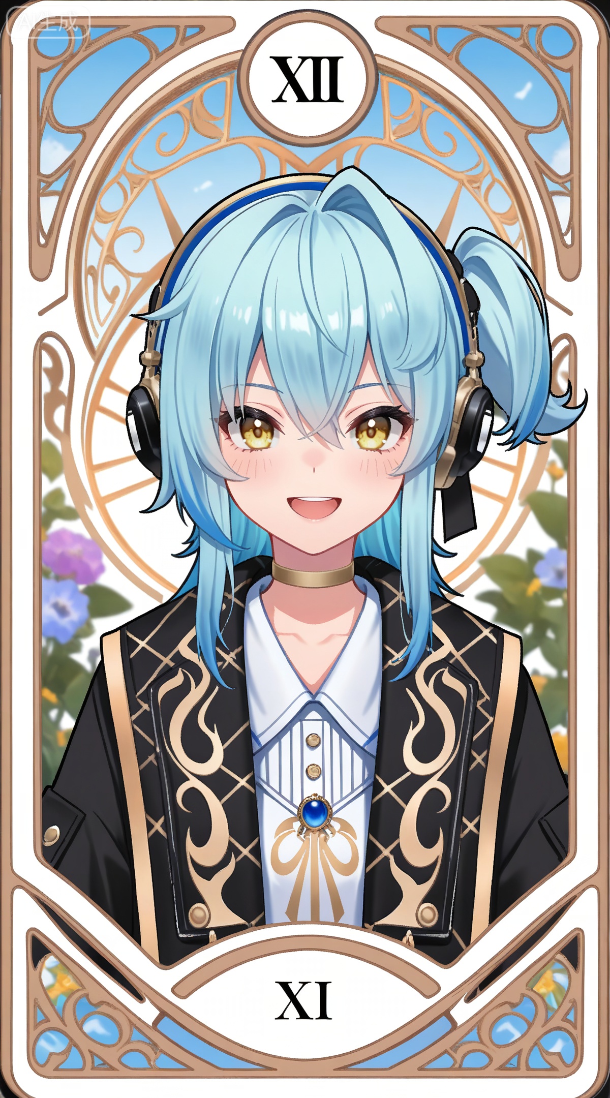 depth of field,masterpiece,best quality,very aesthetic,alternate costume,alternate costume,2024,2023,perfect composition,ultra-detailed,extreme aesthetic,masterpiece,best quality,good quality,newest,year 2024,year 2023,very aesthetic,absurdres,looking_at_viewer,colorful,
,art nouveau,traditional media,flower,xiamu,(tarot (medium):1.2),day,shadow,
blue hair, light blue hair, yellow eyes, long hair, puling braided ponytail, one side up, single braid, puling black choker, puling headphones, puling black jacket, puling detachable sleeves, puling shirt, puling headphones, puling black hair bow, solo, looking at viewer, smile, open mouth, 1girl, virtual youtuber, white background, upper body, simple background, hair between eyes, :d