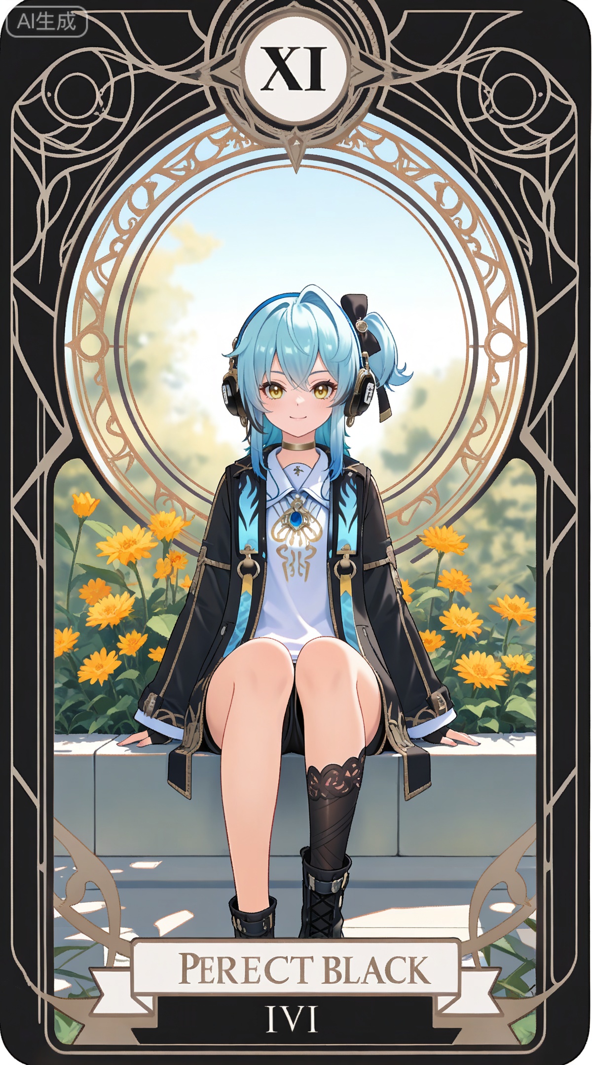 depth of field,masterpiece,best quality,very aesthetic,alternate costume,alternate costume,2024,2023,perfect composition,ultra-detailed,extreme aesthetic,masterpiece,best quality,good quality,newest,year 2024,year 2023,very aesthetic,absurdres,looking_at_viewer,colorful,
,art nouveau,traditional media,flower,xiamu,(tarot (medium):1.2),day,shadow,
blue hair, light blue hair, yellow eyes, long hair, puling braided ponytail, one side up, single braid, puling black choker, puling black fingerless gloves, puling headphones, puling black jacket, puling detachable sleeves, puling shirt, puling black shorts, puling headphones, puling black single sock, puling black hair bow, puling black boots, solo, full body, looking at viewer, 1girl, white background, tachi-e, simple background, smile, straight-on, closed mouth,sitting,