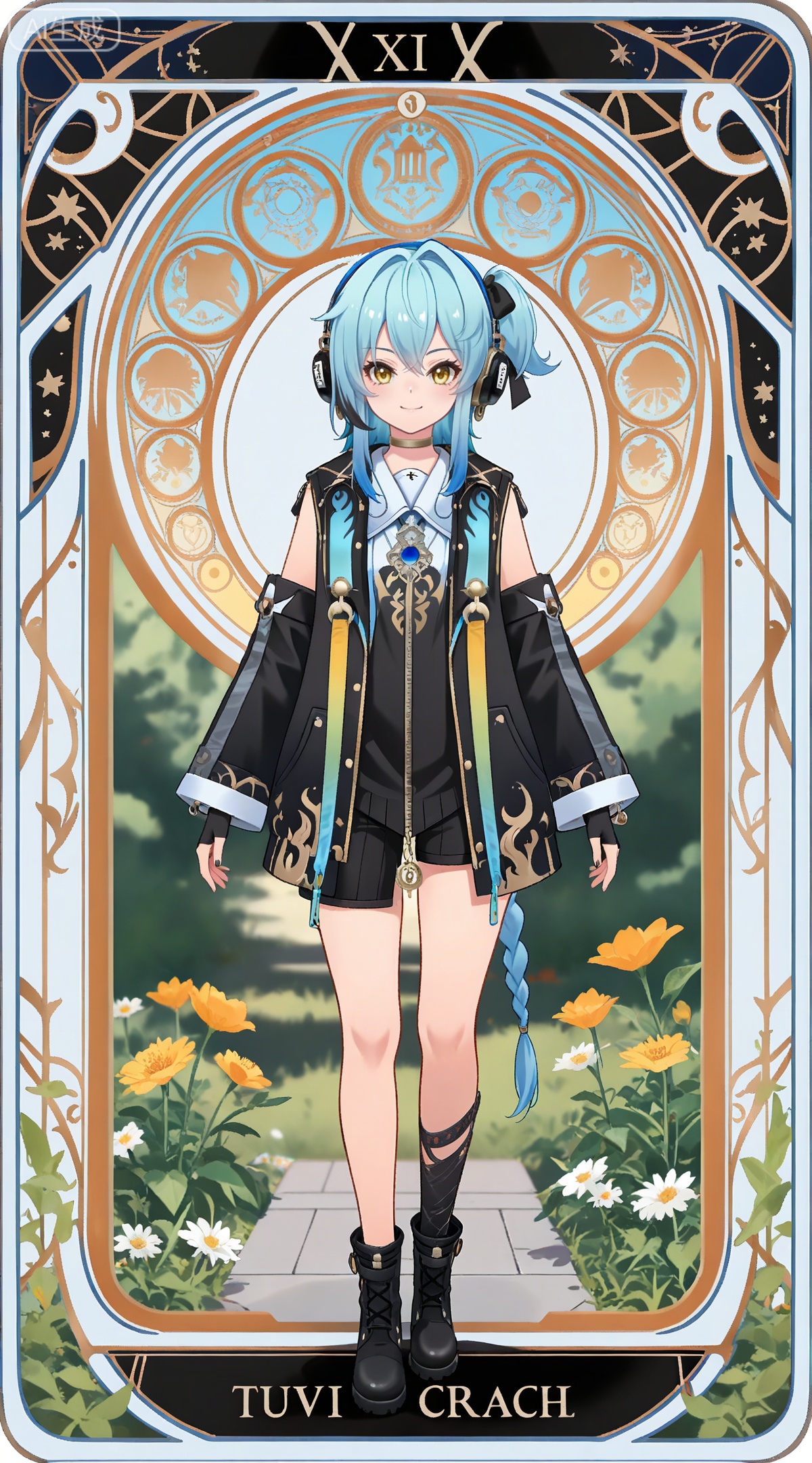 depth of field,masterpiece,best quality,very aesthetic,alternate costume,alternate costume,2024,2023,perfect composition,ultra-detailed,extreme aesthetic,masterpiece,best quality,good quality,newest,year 2024,year 2023,very aesthetic,absurdres,looking_at_viewer,colorful,
,art nouveau,traditional media,flower,xiamu,(tarot (medium):1.2),day,shadow,
blue hair, light blue hair, yellow eyes, long hair, puling braided ponytail, one side up, single braid, puling black choker, puling black fingerless gloves, puling headphones, puling black jacket, puling detachable sleeves, puling shirt, puling black shorts, puling headphones, puling black single sock, puling black hair bow, puling black boots, solo, full body, looking at viewer, 1girl, white background, tachi-e, simple background, standing, smile, straight-on, closed mouth