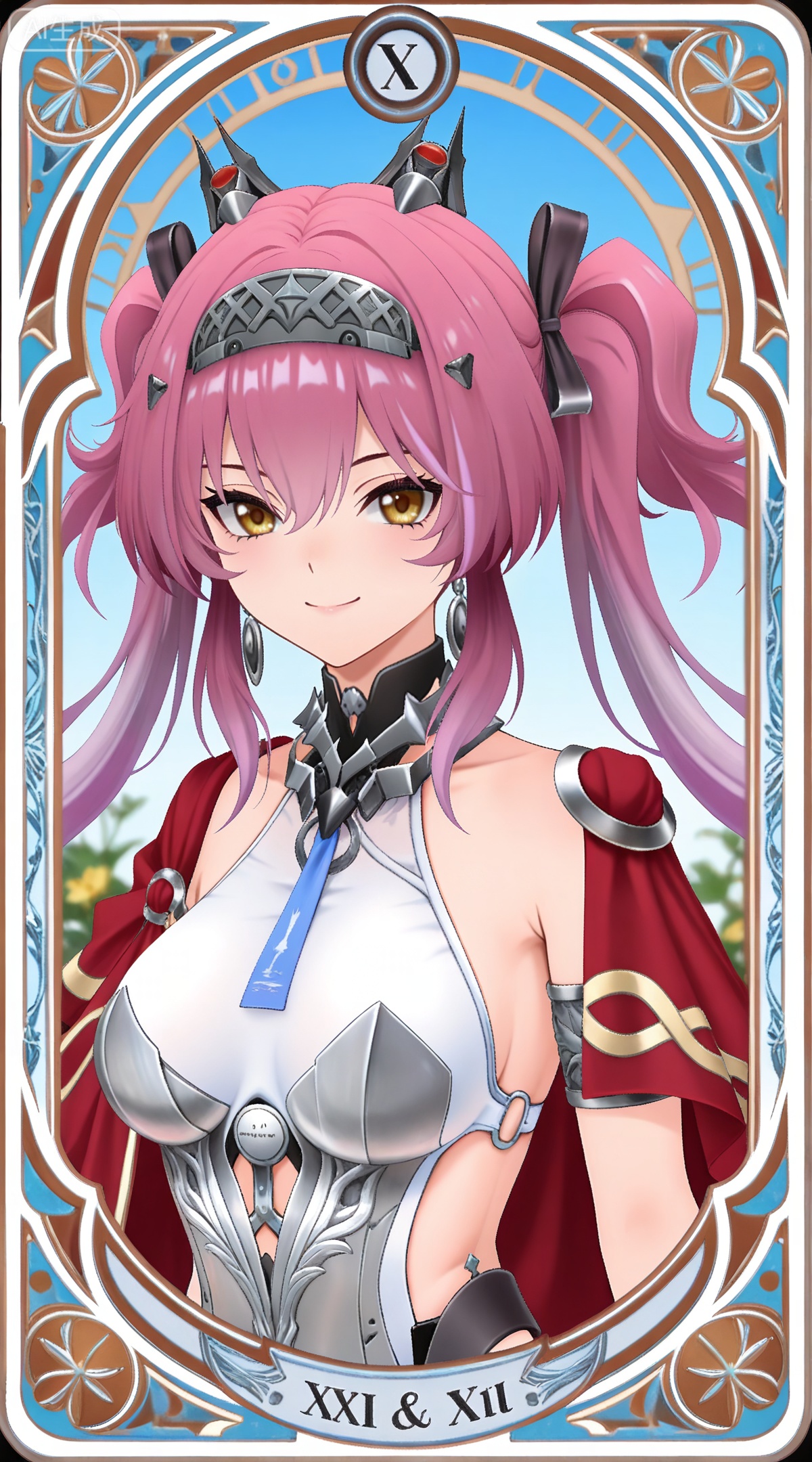 depth of field,masterpiece,best quality,very aesthetic,alternate costume,alternate costume,2024,2023,perfect composition,ultra-detailed,extreme aesthetic,masterpiece,best quality,good quality,newest,year 2024,year 2023,very aesthetic,absurdres,looking_at_viewer,colorful,
,art nouveau,traditional media,flower,xiamu,(tarot (medium):1.2),day,shadow,
pink hair, multicolored hair, gradient hair, purple hair, twintails, yellow eyes, palu armlet, palu black hairband, palu bodysuit, palu hairband, palu leotard, palu metal collar, palu red cape, palu sideless outfit, palu tiara, blue necktie, 1girl, solo, jewelry, breasts, looking at viewer, white background, smile, upper body, hair between eyes, medium breasts, closed mouth, simple background, bare shoulders