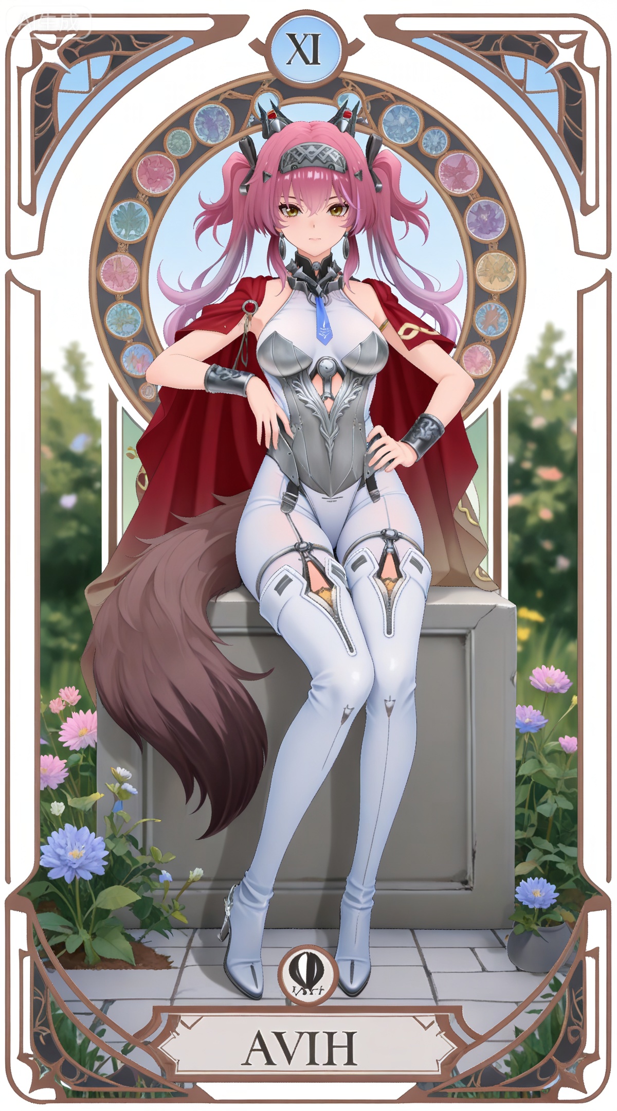 depth of field,masterpiece,best quality,very aesthetic,alternate costume,alternate costume,2024,2023,perfect composition,ultra-detailed,extreme aesthetic,masterpiece,best quality,good quality,newest,year 2024,year 2023,very aesthetic,absurdres,looking_at_viewer,colorful,
,art nouveau,traditional media,flower,xiamu,(tarot (medium):1.2),day,shadow,
pink hair, multicolored hair, gradient hair, purple hair, twintails, yellow eyes, palu armlet, palu black hairband, palu bodysuit, palu high heel boots, palu hairband, palu leotard, palu metal collar, palu red cape, palu sideless outfit, palu thigh boots, palu tiara, palu wolf tail, 1girl, solo, hand on own hip, full body, white background, breasts, looking at viewer, simple background, jewelry, medium breasts, tachi-e, white footwear, closed mouth, blue necktie,sitting,