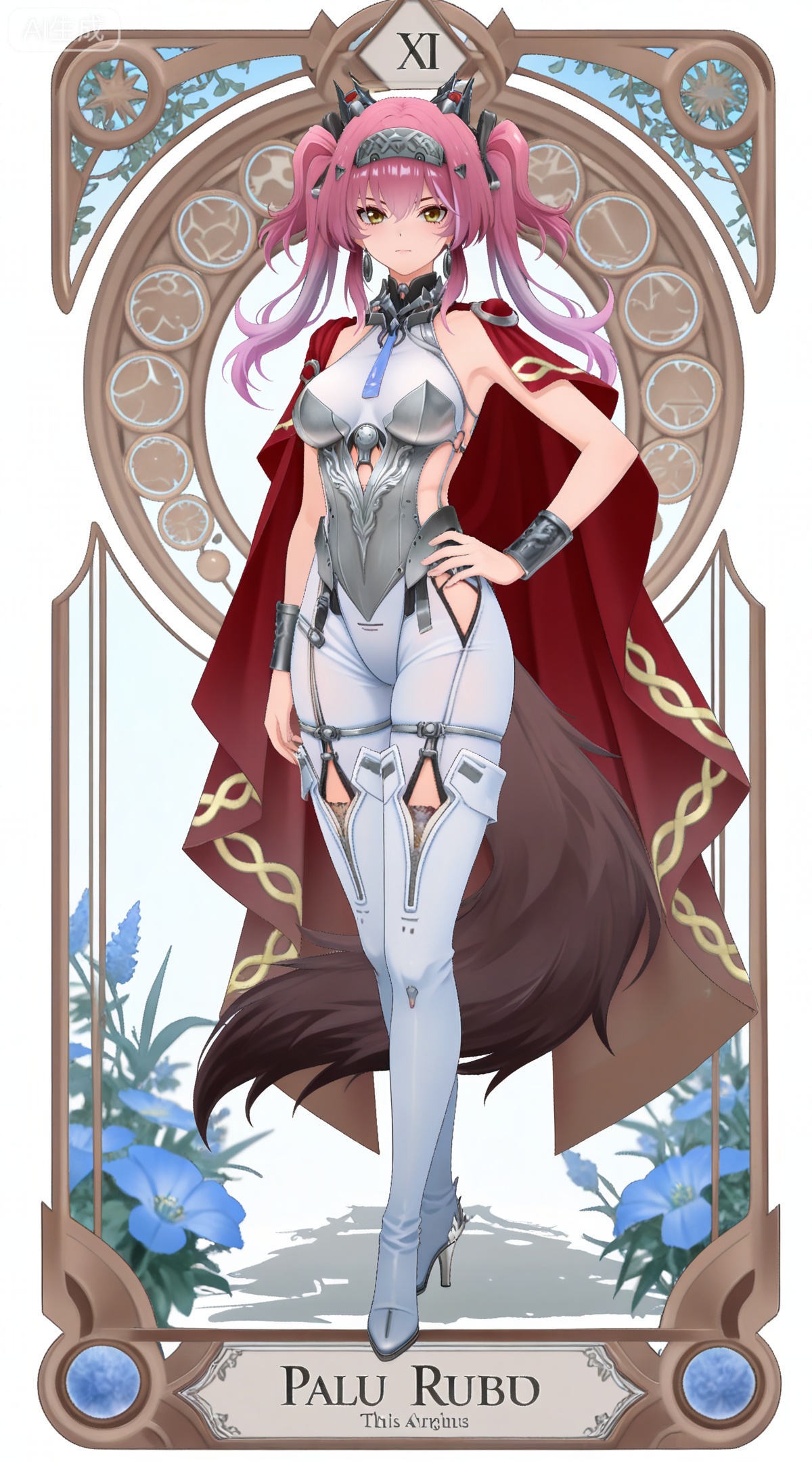 depth of field,masterpiece,best quality,very aesthetic,alternate costume,alternate costume,2024,2023,perfect composition,ultra-detailed,extreme aesthetic,masterpiece,best quality,good quality,newest,year 2024,year 2023,very aesthetic,absurdres,looking_at_viewer,colorful,
,art nouveau,traditional media,flower,xiamu,(tarot (medium):1.2),day,shadow,
pink hair, multicolored hair, gradient hair, purple hair, twintails, yellow eyes, palu armlet, palu black hairband, palu bodysuit, palu high heel boots, palu hairband, palu leotard, palu metal collar, palu red cape, palu sideless outfit, palu thigh boots, palu tiara, palu wolf tail, 1girl, solo, hand on own hip, full body, white background, breasts, looking at viewer, simple background, jewelry, medium breasts, tachi-e, white footwear, closed mouth, blue necktie,standing,