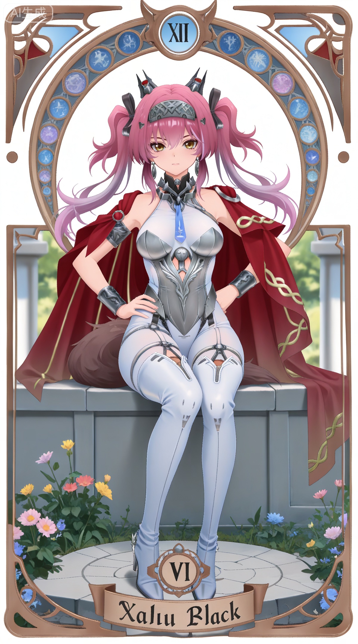 depth of field,masterpiece,best quality,very aesthetic,alternate costume,alternate costume,2024,2023,perfect composition,ultra-detailed,extreme aesthetic,masterpiece,best quality,good quality,newest,year 2024,year 2023,very aesthetic,absurdres,looking_at_viewer,colorful,
,art nouveau,traditional media,flower,xiamu,(tarot (medium):1.2),day,shadow,
pink hair, multicolored hair, gradient hair, purple hair, twintails, yellow eyes, palu armlet, palu black hairband, palu bodysuit, palu high heel boots, palu hairband, palu leotard, palu metal collar, palu red cape, palu sideless outfit, palu thigh boots, palu tiara, palu wolf tail, 1girl, solo, hand on own hip, full body, white background, breasts, looking at viewer, simple background, jewelry, medium breasts, tachi-e, white footwear, closed mouth, blue necktie,sitting,