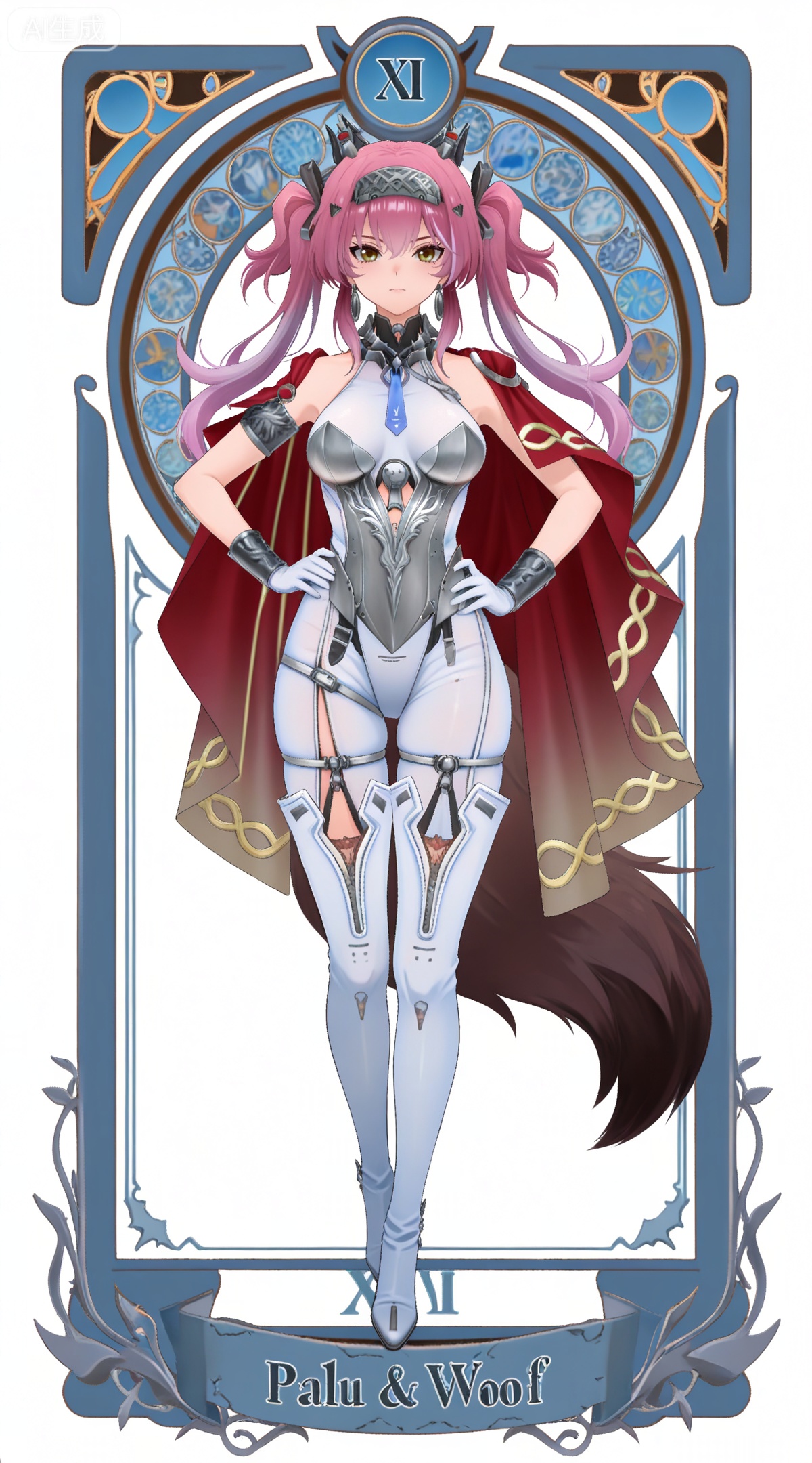 depth of field,masterpiece,best quality,very aesthetic,alternate costume,alternate costume,2024,2023,perfect composition,ultra-detailed,extreme aesthetic,masterpiece,best quality,good quality,newest,year 2024,year 2023,very aesthetic,absurdres,looking_at_viewer,colorful,
,art nouveau,traditional media,flower,xiamu,(tarot (medium):1.2),day,shadow,
pink hair, multicolored hair, gradient hair, purple hair, twintails, yellow eyes, palu armlet, palu black hairband, palu bodysuit, palu high heel boots, palu hairband, palu leotard, palu metal collar, palu red cape, palu sideless outfit, palu thigh boots, palu tiara, palu wolf tail, 1girl, solo, hand on own hip, full body, white background, breasts, looking at viewer, simple background, jewelry, medium breasts, tachi-e, white footwear, closed mouth, blue necktie,standing,