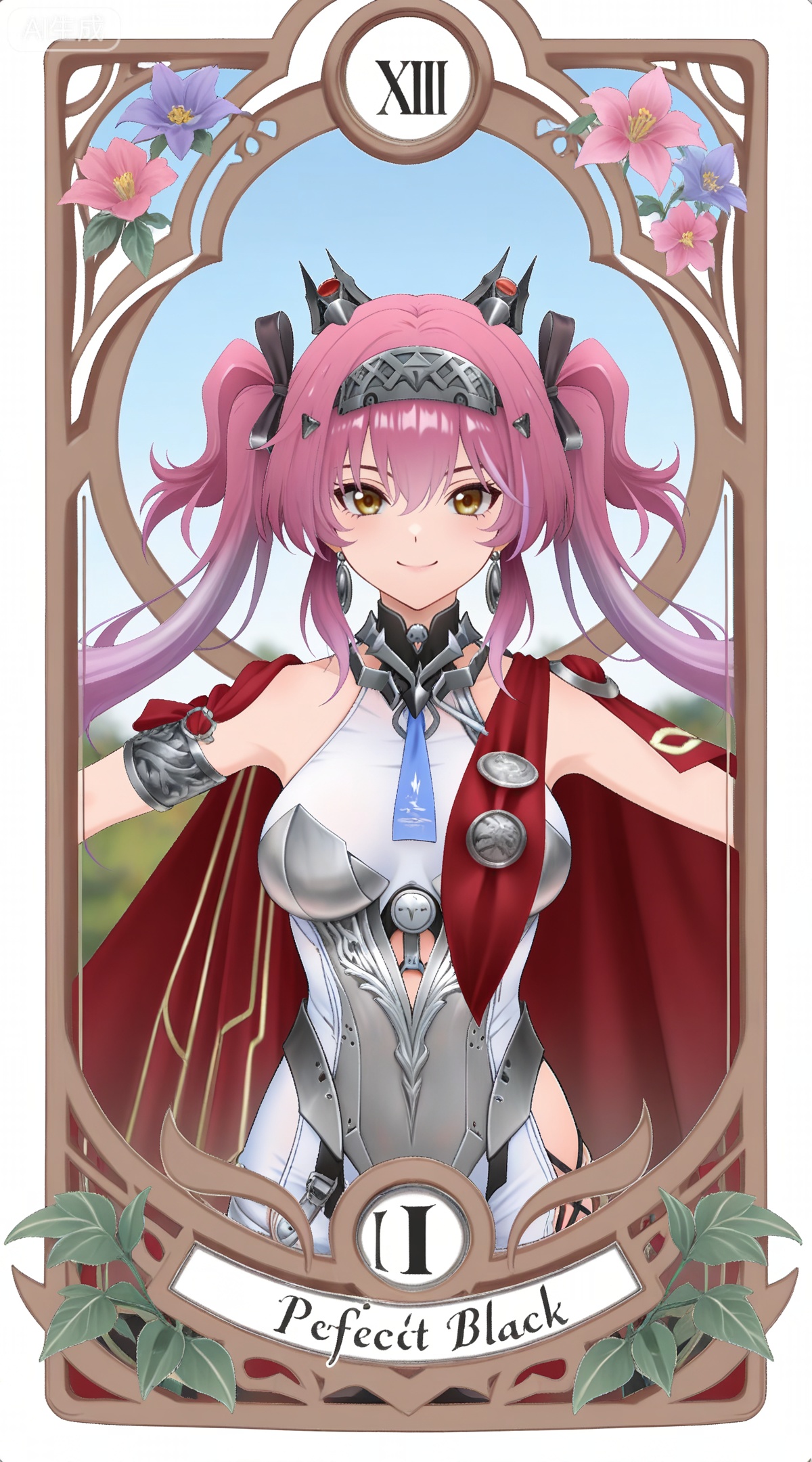 depth of field,masterpiece,best quality,very aesthetic,alternate costume,alternate costume,2024,2023,perfect composition,ultra-detailed,extreme aesthetic,masterpiece,best quality,good quality,newest,year 2024,year 2023,very aesthetic,absurdres,looking_at_viewer,colorful,
,art nouveau,traditional media,flower,xiamu,(tarot (medium):1.2),day,shadow,
pink hair, multicolored hair, gradient hair, purple hair, twintails, yellow eyes, palu armlet, palu black hairband, palu bodysuit, palu hairband, palu leotard, palu metal collar, palu red cape, palu sideless outfit, palu tiara, blue necktie, 1girl, solo, jewelry, breasts, looking at viewer,v, white background, smile, upper body, hair between eyes, medium breasts, closed mouth, simple background, bare shoulders