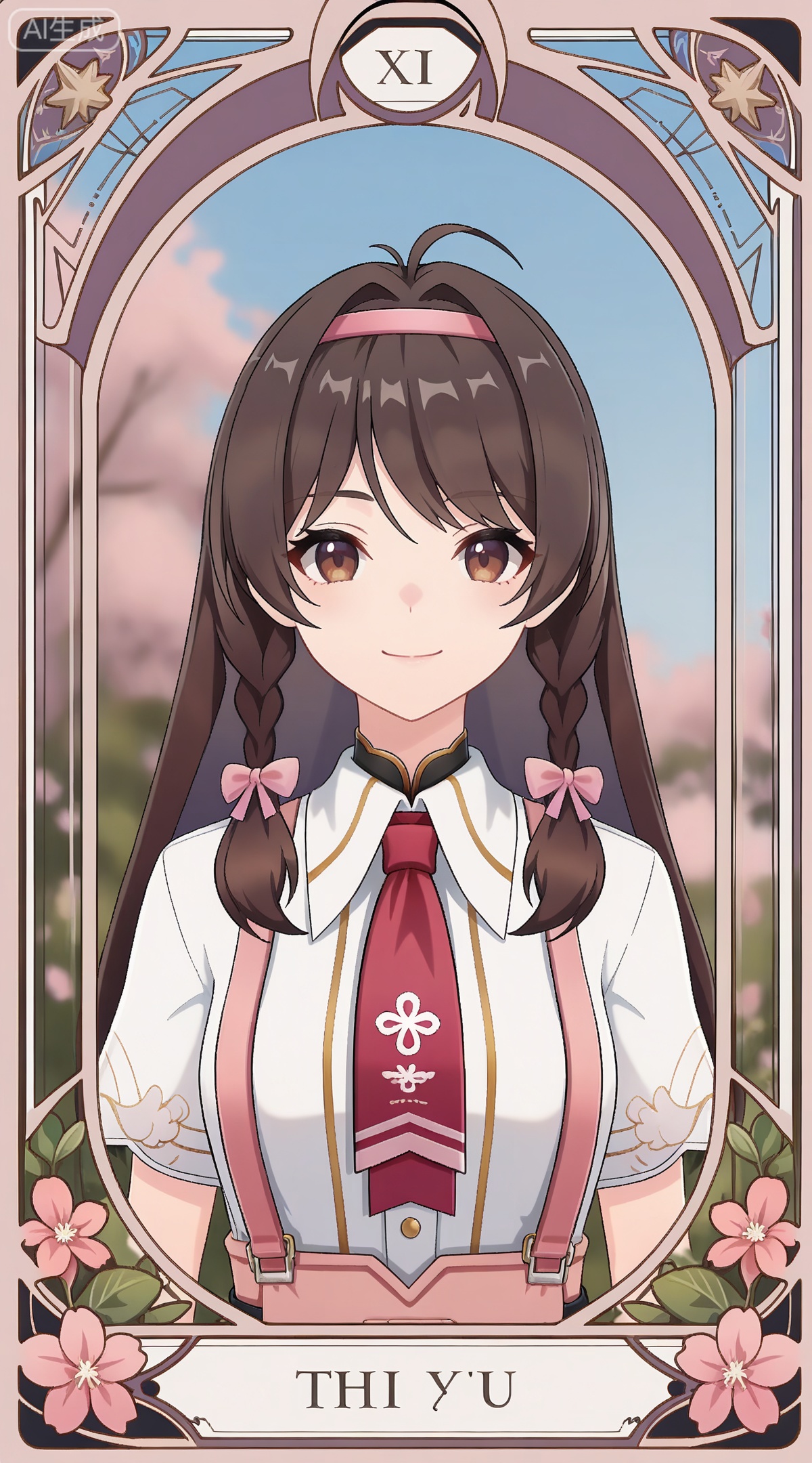 depth of field,masterpiece,best quality,very aesthetic,alternate costume,alternate costume,2024,2023,perfect composition,ultra-detailed,extreme aesthetic,masterpiece,best quality,good quality,newest,year 2024,year 2023,very aesthetic,absurdres,looking_at_viewer,colorful,
,art nouveau,traditional media,flower,xiamu,(tarot (medium):1.2),day,shadow,
brown hair, brown eyes, long hair, twin braids, side braids, ahoge, ganxue black bow, ganxue white shirt, ganxue suspender skirt, ganxue high-waist skirt, ganxue hair bow, ganxue pink skirt, ganxue pink necktie, ganxue pink ribbon, 1girl, solo, smile, upper body, closed mouth, looking at viewer, parody, virtual youtuber