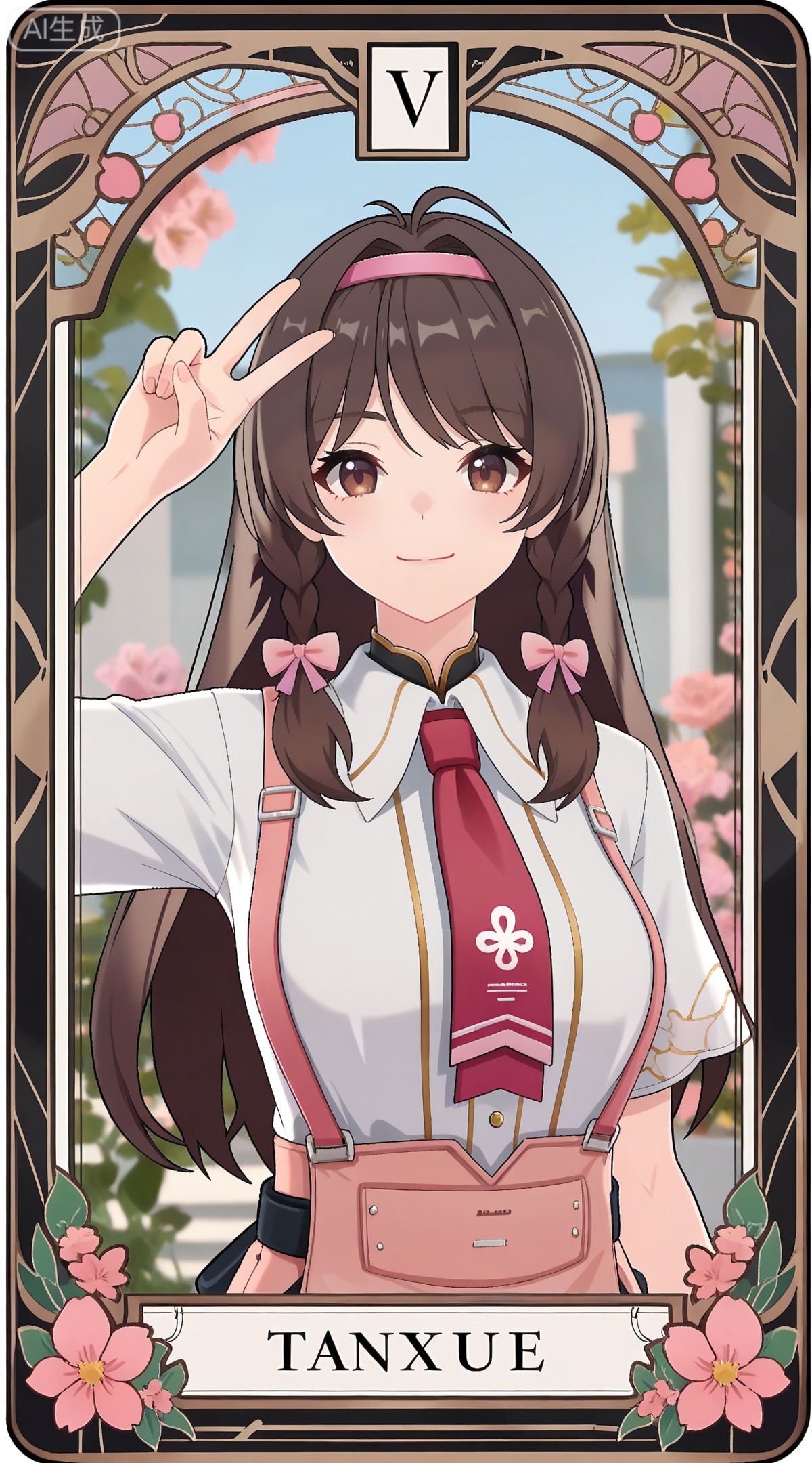 depth of field,masterpiece,best quality,very aesthetic,alternate costume,alternate costume,2024,2023,perfect composition,ultra-detailed,extreme aesthetic,masterpiece,best quality,good quality,newest,year 2024,year 2023,very aesthetic,absurdres,looking_at_viewer,colorful,
,art nouveau,traditional media,flower,xiamu,(tarot (medium):1.2),day,shadow,
brown hair, brown eyes, long hair, twin braids, side braids, ahoge, ganxue black bow, ganxue white shirt, ganxue suspender skirt, ganxue high-waist skirt, ganxue hair bow, ganxue pink skirt, ganxue pink necktie, ganxue pink ribbon, 1girl, solo, smile, upper body,v, closed mouth, looking at viewer, parody, virtual youtuber