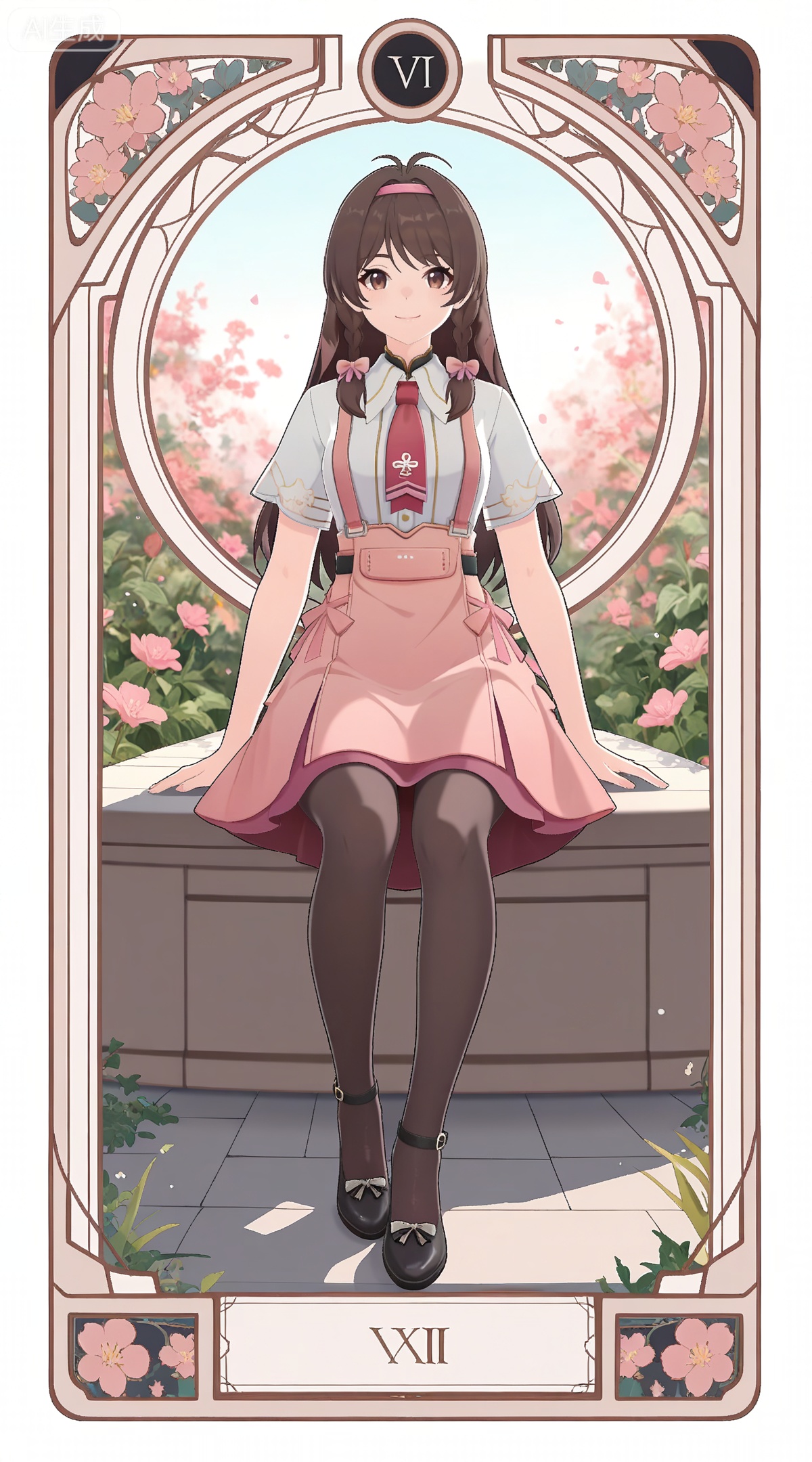 depth of field,masterpiece,best quality,very aesthetic,alternate costume,alternate costume,2024,2023,perfect composition,ultra-detailed,extreme aesthetic,masterpiece,best quality,good quality,newest,year 2024,year 2023,very aesthetic,absurdres,looking_at_viewer,colorful,
,art nouveau,traditional media,flower,xiamu,(tarot (medium):1.2),day,shadow,
brown hair, brown eyes, long hair, twin braids, side braids, ahoge, ganxue black bow, black pantyhose, ganxue white shirt, ganxue suspender skirt, ganxue high-waist skirt, ganxue hair bow, ganxue pink skirt, ganxue pink necktie, ganxue pink ribbon, 1girl, solo, antenna hair, full body, straight-on, looking at viewer, white background, black footwear, simple background, sitting, smile, tachi-e, closed mouth