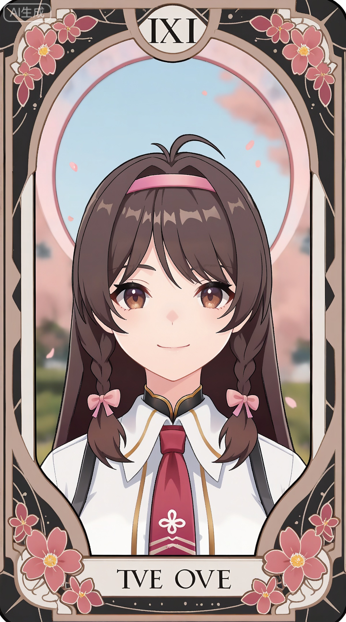 depth of field,masterpiece,best quality,very aesthetic,alternate costume,alternate costume,2024,2023,perfect composition,ultra-detailed,extreme aesthetic,masterpiece,best quality,good quality,newest,year 2024,year 2023,very aesthetic,absurdres,looking_at_viewer,colorful,
,art nouveau,traditional media,flower,xiamu,(tarot (medium):1.2),day,shadow,
brown hair, brown eyes, long hair, twin braids, side braids, ahoge, ganxue black bow, ganxue white shirt, ganxue suspender skirt, ganxue high-waist skirt, ganxue hair bow, ganxue pink skirt, ganxue pink necktie, ganxue pink ribbon, 1girl, solo, smile, upper body, closed mouth, looking at viewer, parody, virtual youtuber