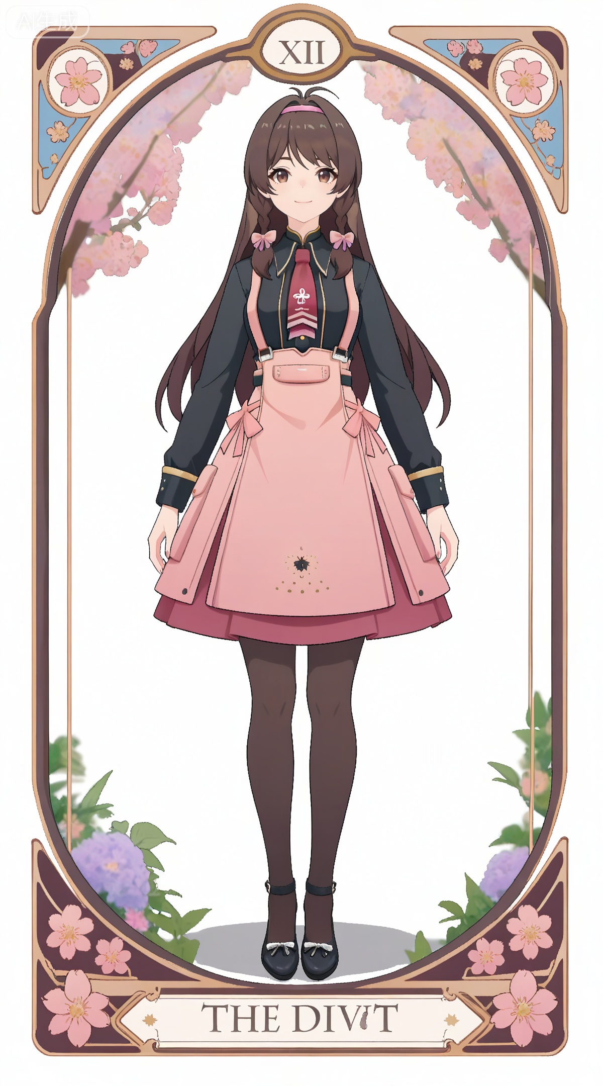 depth of field,masterpiece,best quality,very aesthetic,alternate costume,alternate costume,2024,2023,perfect composition,ultra-detailed,extreme aesthetic,masterpiece,best quality,good quality,newest,year 2024,year 2023,very aesthetic,absurdres,looking_at_viewer,colorful,
,art nouveau,traditional media,flower,xiamu,(tarot (medium):1.2),day,shadow,
brown hair, brown eyes, long hair, twin braids, side braids, ahoge, ganxue black bow, black pantyhose, ganxue white shirt, ganxue suspender skirt, ganxue high-waist skirt, ganxue hair bow, ganxue pink skirt, ganxue pink necktie, ganxue pink ribbon, 1girl, solo, antenna hair, full body, straight-on, looking at viewer, white background, black footwear, simple background, standing, smile, tachi-e, closed mouth
