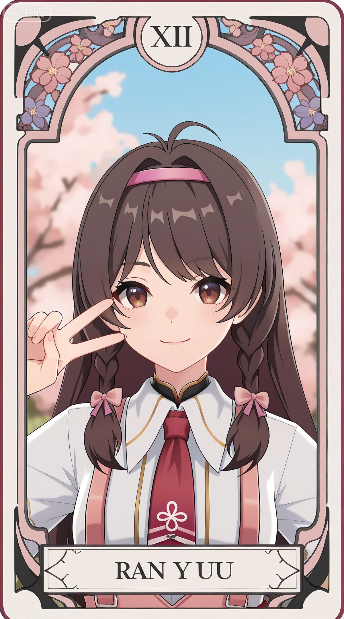 depth of field,masterpiece,best quality,very aesthetic,alternate costume,alternate costume,2024,2023,perfect composition,ultra-detailed,extreme aesthetic,masterpiece,best quality,good quality,newest,year 2024,year 2023,very aesthetic,absurdres,looking_at_viewer,colorful,
,art nouveau,traditional media,flower,xiamu,(tarot (medium):1.2),day,shadow,
brown hair, brown eyes, long hair, twin braids, side braids, ahoge, ganxue black bow, ganxue white shirt, ganxue suspender skirt, ganxue high-waist skirt, ganxue hair bow, ganxue pink skirt, ganxue pink necktie, ganxue pink ribbon, 1girl, solo, smile, upper body,v, closed mouth, looking at viewer, parody, virtual youtuber