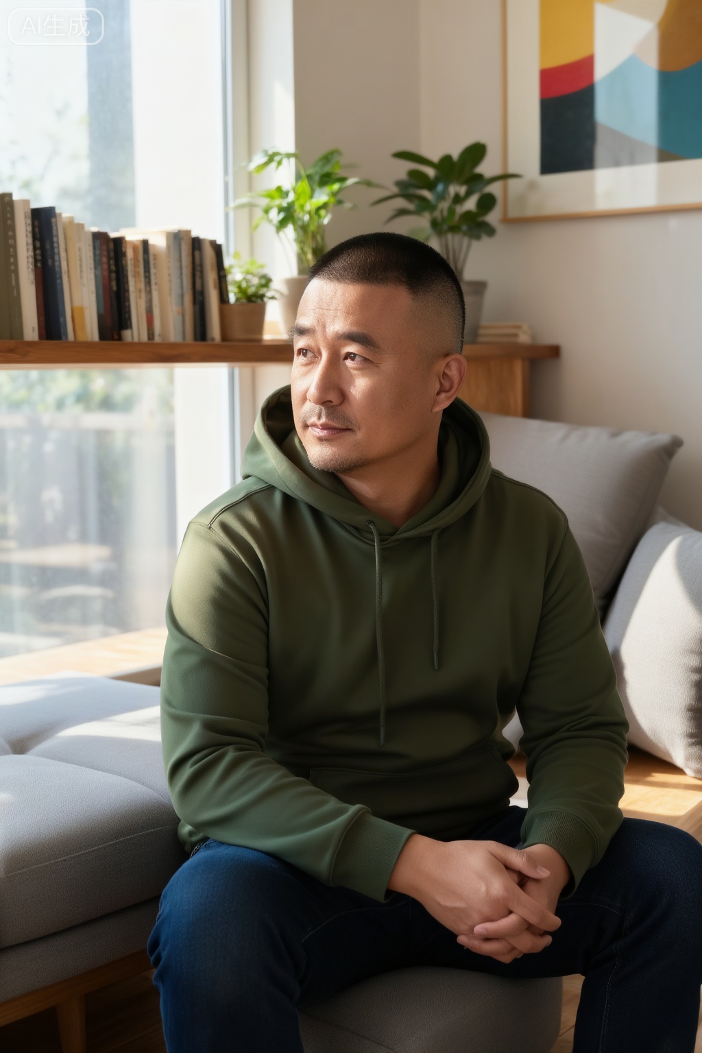 极致细节,4K壁纸,最高质量,杰作,极致清晰,DY,在中国,
中国男人, A man with a crew cut is wearing an olive green hoodie and dark blue jeans, sitting on a light gray sofa. He clasps his hands and rests them quietly on his knees, with a calm look on his side face. In the background, books are neatly arranged on the wooden shelf, with several potted plants and a decorative painting with color geometric sense dotted among them; sunlight pours into the room through the large window, casting warm light and shadow on the floor and furniture, and the whole scene is brimming with a quiet and comfortable homely atmosphere.