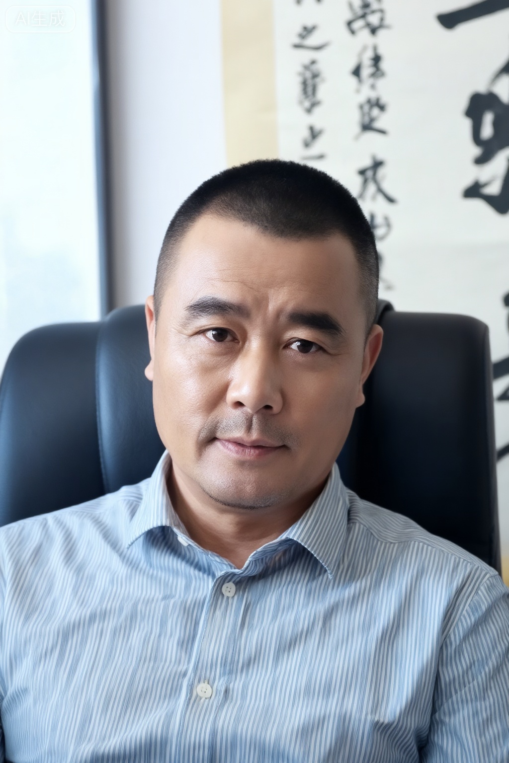 极致细节,4K壁纸,最高质量,杰作,极致清晰,DY,在中国,
中国男人, 
40岁左右的中年男性黄伟,气质沉稳内敛,留着短黑发,身着蓝白条纹衬衫,坐在黑色皮质座椅上,背景有带有书法字体的卷轴,整体环境透着文雅气息,光线明亮自然。