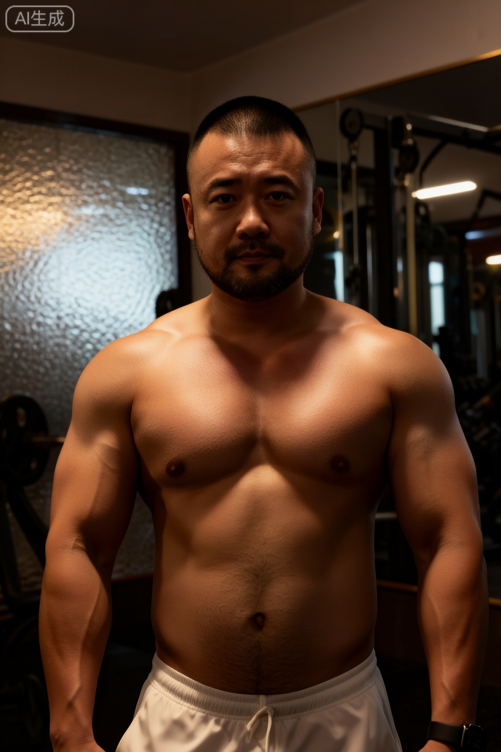 极致细节,4K壁纸,最高质量,杰作,极致清晰,DY,在中国,
45岁左右的中年男性,气质沉稳且充满力量感,留着寸头、面部有胡须,赤裸上身（肌肉线条匀称结实）,穿着白色短裤,身处健身房内（背景有健身器械、带有纹理的玻璃墙与镜子,暖调光线营造出复古氛围）,脂包肌身材。