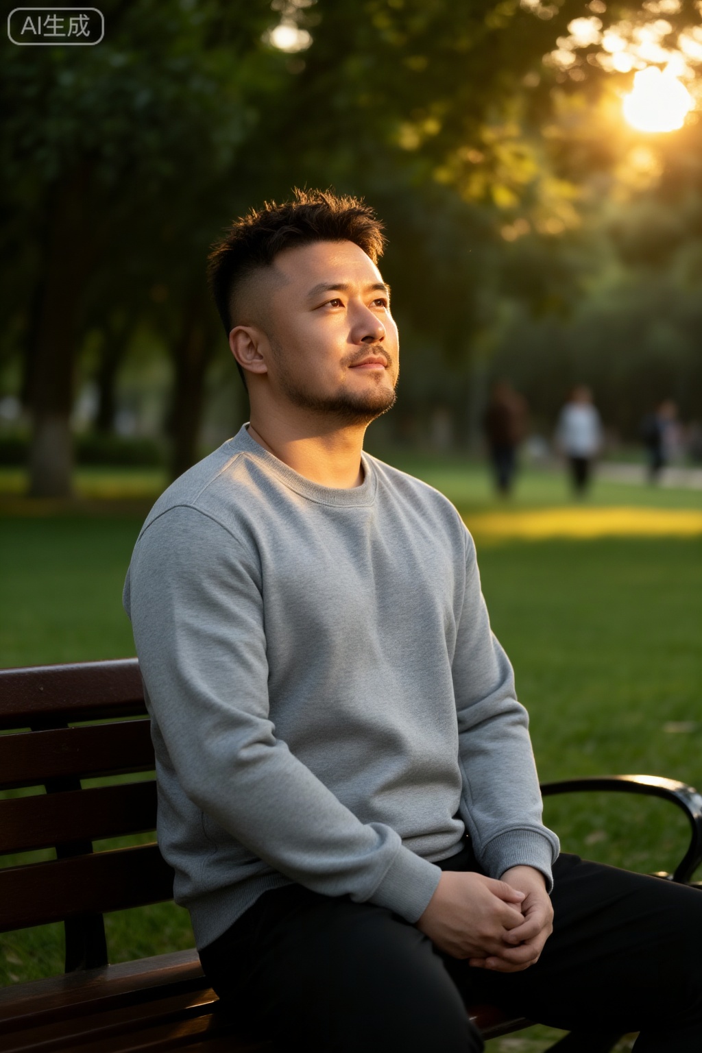 DY,主体描述：一名脂包肌身材的男子赤裸上身,坐在公园长椅上,他双手自然交叠放在腿上,身体微微前倾,头部微侧,目光望向画面右侧,表情平静而专注,嘴角略带沉思感；发型为短发,发丝自然蓬松,面部轮廓清晰,肤色健康自然。

环境背景：户外城市公园,背景为茂密绿树与模糊草坪,阳光透过树叶洒下斑驳光影；地面为木质长椅,颜色深棕,质感温润；远处隐约可见行人身影,营造出宁静而放松的氛围。

光线：自然光从画面右上方照射,形成柔和的逆光效果,照亮人物面部轮廓与颈部线条；左侧产生轻微阴影,增强立体感；金色暖光在皮肤表面形成细腻反光,突出黄昏时分的温暖气息。

渲染风格：电影级写实风格,强调自然光影、服装质感与人物情绪的真实表达,呈现生活化时尚人像。

色彩：以灰、绿、金为主色调,形成冷暖对比；浅灰色卫衣与绿色植物形成视觉平衡,暖黄色光线增添温馨感,整体色彩柔和自然。

构图：采用三分法构图,人物位于画面右侧三分之一处,背景虚化处理,突出主体；长椅线条引导视线集中于人物面部。

拍摄：相机位置略低于人物视线,使用平拍角度,拍摄距离为中近景,聚焦于人物面部与上半身。

滤镜：应用轻微柔焦+暖调滤镜,增强画面的朦胧感与氛围感,提升视觉舒适度。

摄影参数：顶级摄像机型号Canon EOS R5,镜头类型RF 50mm F1.2L USM,快门速度1/250秒,光圈值f/2.0,焦段50mm,ISO数值400。,中国男人