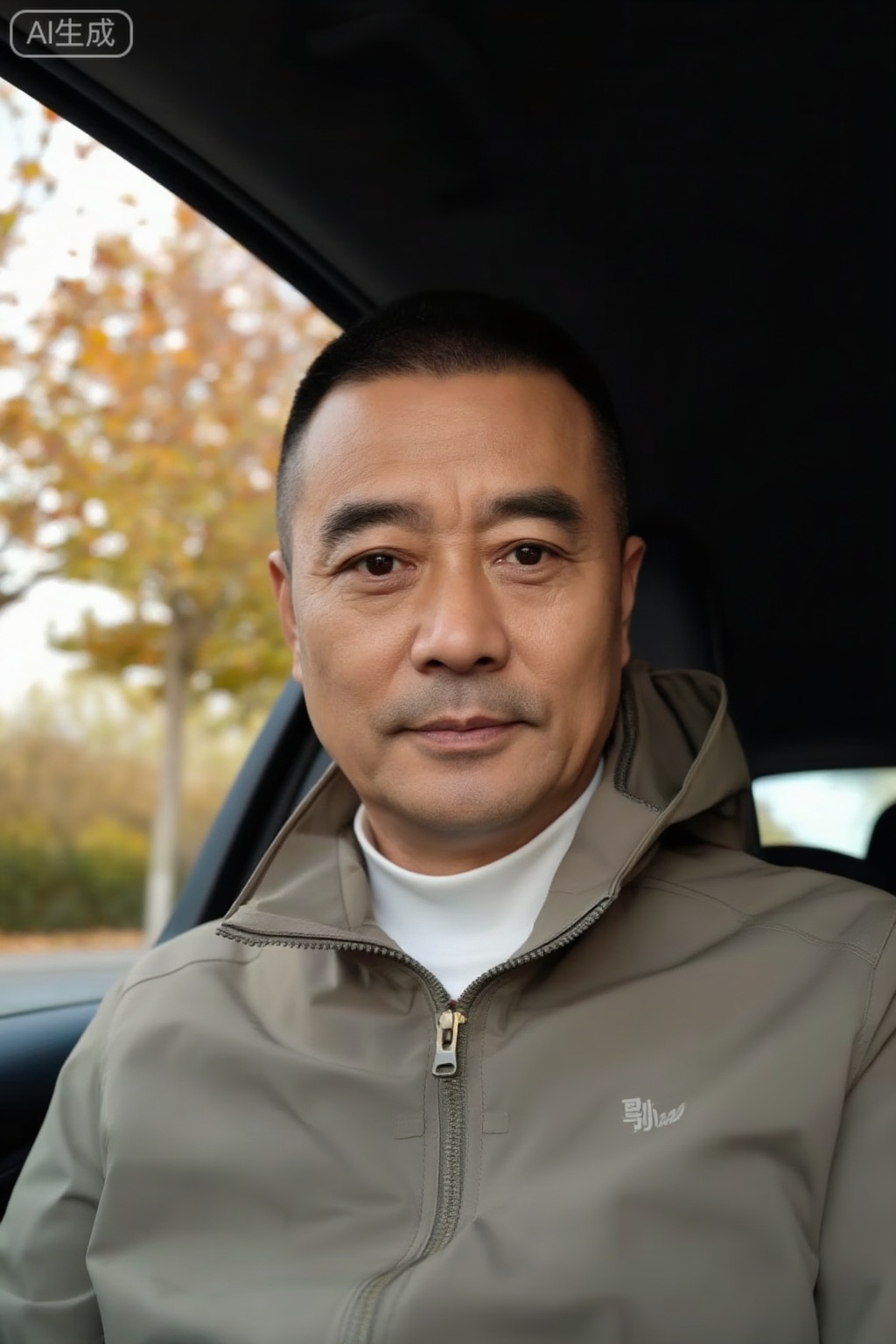 极致细节,4K壁纸,最高质量,杰作,极致清晰,DY,在中国,
50岁左右的中年男性孙浩,气质沉稳平和,留着短黑发,身着卡其色拉链外套（内搭白色衣物）,坐在车内,车窗外能看到带有秋意的树木与街道,车内光线自然。,中国男性