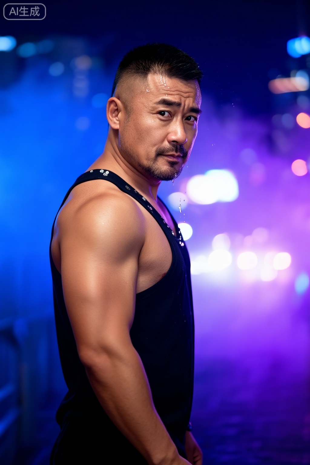 极致细节,4K壁纸,最高质量,杰作,极致清晰,中国男人,DY,
一个中年男人,有一张硬朗、阳刚的脸和整洁的短发。他赤膊上阵,肌肉被脂肪覆盖,但身体紧绷,肌肉线条有力,置身于迷幻的蓝色与紫色霓虹灯光中,他正回眸凝视镜头,眼神充满故事感,他身着带有亮片的黑色吊带背心,脸上的汗滴被风吹起,背景是虚化的都市夜景与闪烁的灯光,摄影,照片级真实,人像模式,焦距85mm,光圈f/1.4,ISO 400,背景光斑如奶油般化开