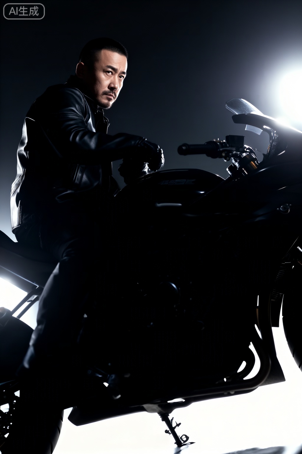 极致细节,4K壁纸,最高质量,杰作,极致清晰,DY,在中国,
中国男性, 面容冷峻,穿着皮质机车服,跨坐在重型机车上的男士。风格为酷炫机车风,光线用强烈的逆光,勾勒出硬朗的轮廓,渲染出冷峻不羁的气场。色彩以黑、银为主,凸显金属质感。构图采用对角线构图,将人物与机车沿对角线分布,增强画面张力。从侧前方低角度仰拍,突出机车与人的高大。相机参数设为大光圈,高速快门定格瞬间,生成高分辨率、质感爆棚的图片,尽显男性的阳刚与霸气。