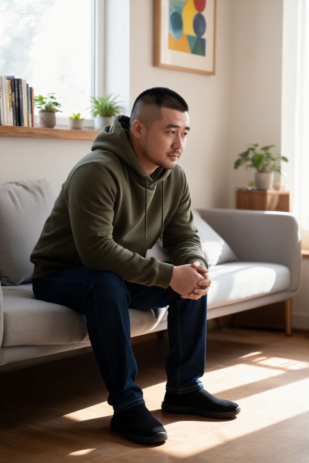 极致细节,4K壁纸,最高质量,杰作,极致清晰,DY,在中国,
中国男人, A man with a crew cut is wearing an olive green hoodie and dark blue jeans, sitting on a light gray sofa. He clasps his hands and rests them quietly on his knees, with a calm look on his side face. In the background, books are neatly arranged on the wooden shelf, with several potted plants and a decorative painting with color geometric sense dotted among them; sunlight pours into the room through the large window, casting warm light and shadow on the floor and furniture, and the whole scene is brimming with a quiet and comfortable homely atmosphere.