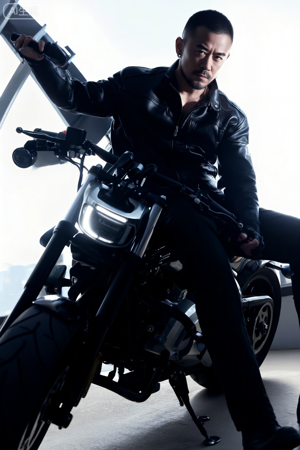 极致细节,4K壁纸,最高质量,杰作,极致清晰,DY,在中国,
中国男性, 面容冷峻,穿着皮质机车服,跨坐在重型机车上的男士。风格为酷炫机车风,光线用强烈的逆光,勾勒出硬朗的轮廓,渲染出冷峻不羁的气场。色彩以黑、银为主,凸显金属质感。构图采用对角线构图,将人物与机车沿对角线分布,增强画面张力。从侧前方低角度仰拍,突出机车与人的高大。相机参数设为大光圈,高速快门定格瞬间,生成高分辨率、质感爆棚的图片,尽显男性的阳刚与霸气。