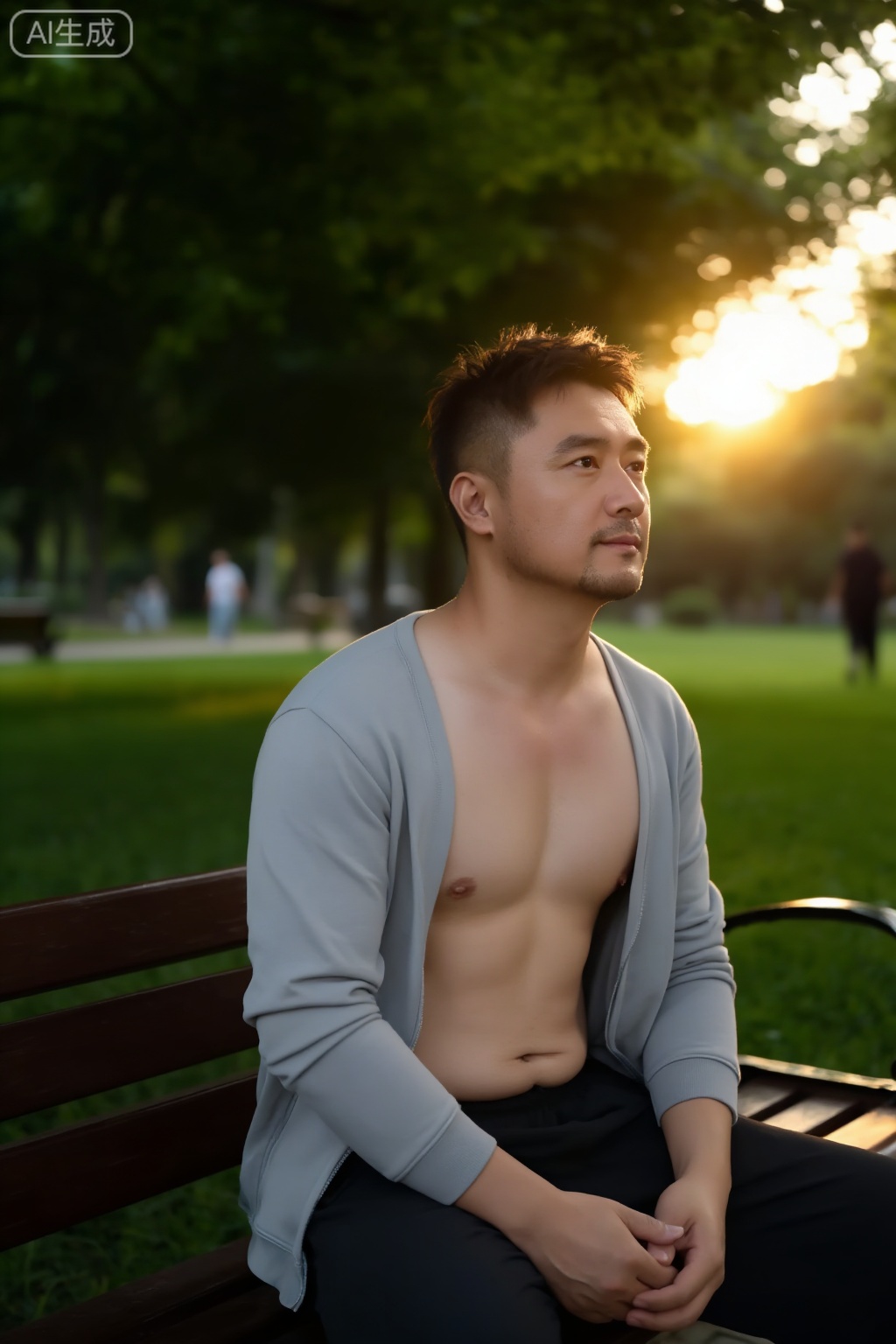 DY,主体描述：一名脂包肌身材的男子赤裸上身,坐在公园长椅上,他双手自然交叠放在腿上,身体微微前倾,头部微侧,目光望向画面右侧,表情平静而专注,嘴角略带沉思感；发型为短发,发丝自然蓬松,面部轮廓清晰,肤色健康自然。

环境背景：户外城市公园,背景为茂密绿树与模糊草坪,阳光透过树叶洒下斑驳光影；地面为木质长椅,颜色深棕,质感温润；远处隐约可见行人身影,营造出宁静而放松的氛围。

光线：自然光从画面右上方照射,形成柔和的逆光效果,照亮人物面部轮廓与颈部线条；左侧产生轻微阴影,增强立体感；金色暖光在皮肤表面形成细腻反光,突出黄昏时分的温暖气息。

渲染风格：电影级写实风格,强调自然光影、服装质感与人物情绪的真实表达,呈现生活化时尚人像。

色彩：以灰、绿、金为主色调,形成冷暖对比；浅灰色卫衣与绿色植物形成视觉平衡,暖黄色光线增添温馨感,整体色彩柔和自然。

构图：采用三分法构图,人物位于画面右侧三分之一处,背景虚化处理,突出主体；长椅线条引导视线集中于人物面部。

拍摄：相机位置略低于人物视线,使用平拍角度,拍摄距离为中近景,聚焦于人物面部与上半身。

滤镜：应用轻微柔焦+暖调滤镜,增强画面的朦胧感与氛围感,提升视觉舒适度。

摄影参数：顶级摄像机型号Canon EOS R5,镜头类型RF 50mm F1.2L USM,快门速度1/250秒,光圈值f/2.0,焦段50mm,ISO数值400。,中国男人
