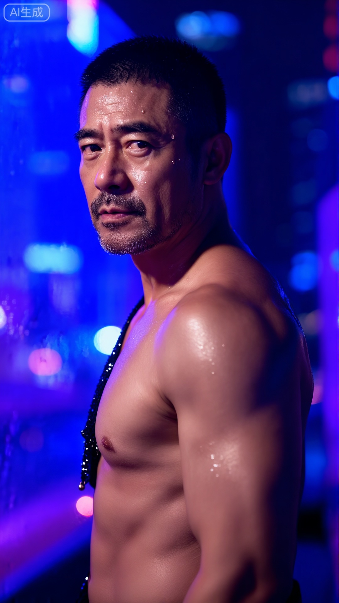 极致细节,4K壁纸,最高质量,杰作,极致清晰,中国男人,DY,
一个中年男人,有一张硬朗、阳刚的脸和整洁的短发。他赤膊上阵,肌肉被脂肪覆盖,但身体紧绷,肌肉线条有力,置身于迷幻的蓝色与紫色霓虹灯光中,他正回眸凝视镜头,眼神充满故事感,他身着带有亮片的黑色吊带背心,脸上的汗滴被风吹起,背景是虚化的都市夜景与闪烁的灯光,摄影,照片级真实,人像模式,焦距85mm,光圈f/1.4,ISO 400,背景光斑如奶油般化开