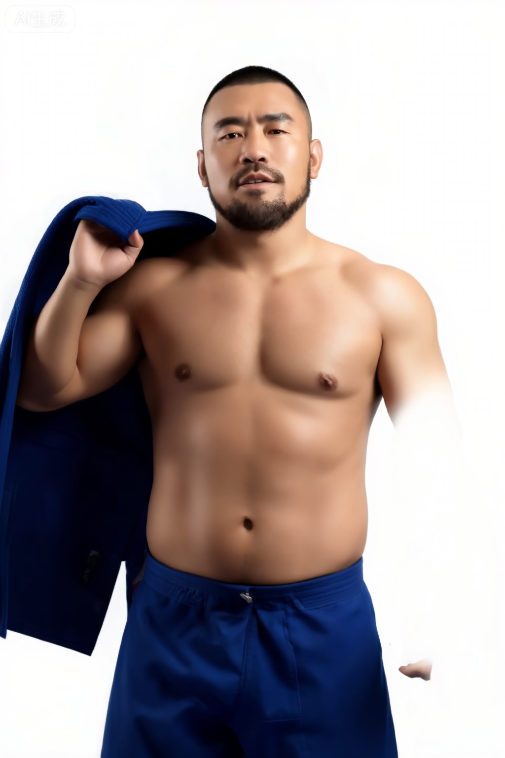 极致细节,4K壁纸,最高质量,杰作,极致清晰,DY,在中国,
中国男性, 38岁左右的中年男性赵磊,气质硬朗且充满力量感,留寸头、面部有胡须,赤裸上身（肌肉线条饱满）,穿着蓝色柔道裤,右手搭着蓝色柔道服,身处纯白背景前,整体画面光线明亮均匀。脂包肌身材,中国男人