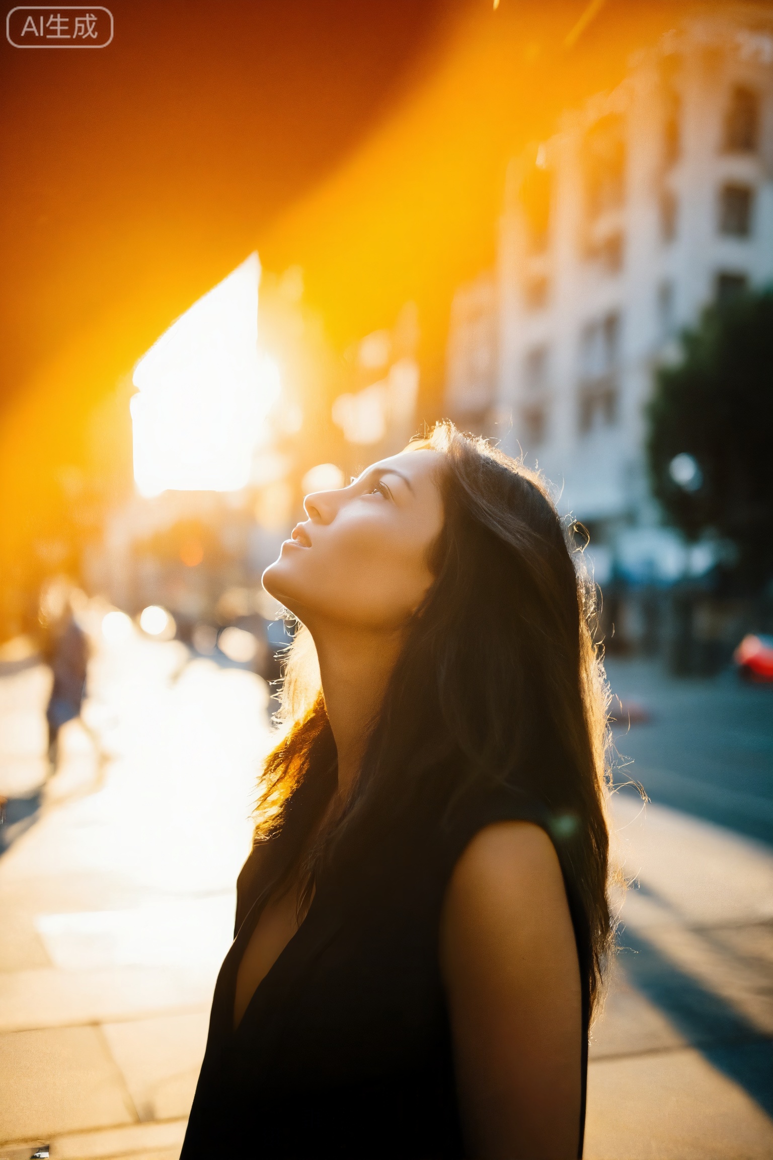 filmmood, a woman on an urban street looking up towards the sky, intense golden hour flare washing over the top-left of the frame, high contrast, the sun dissolves the edges of the buildings, hopeful yet solitary urban atmosphere.