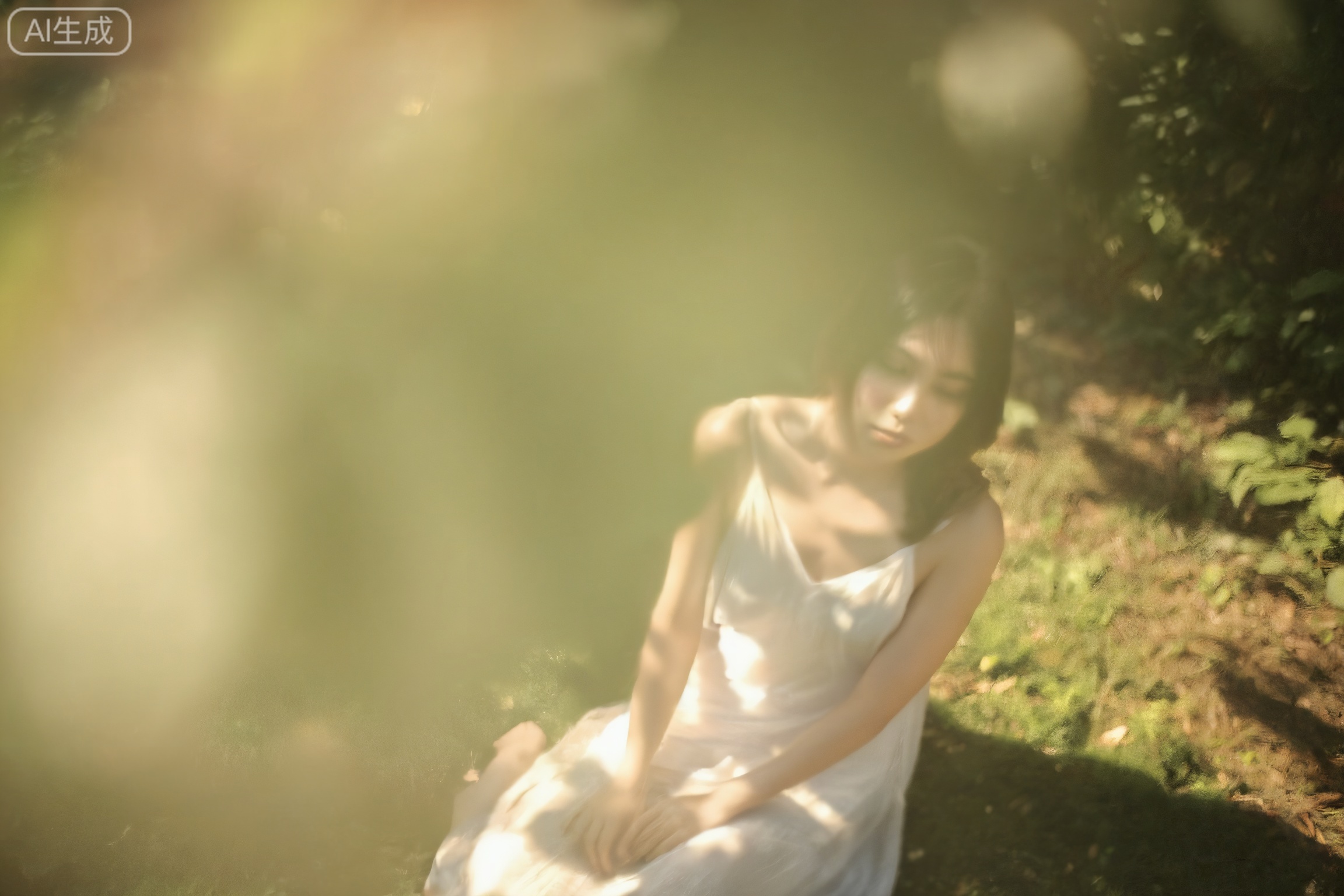 filmmood, high-angle view of a woman sitting in a garden, warm dappled sunlight and hazy foreground bokeh overlays, soft light filtering through leaves, ethereal and dreamy mood, focuses on the atmospheric texture of light.