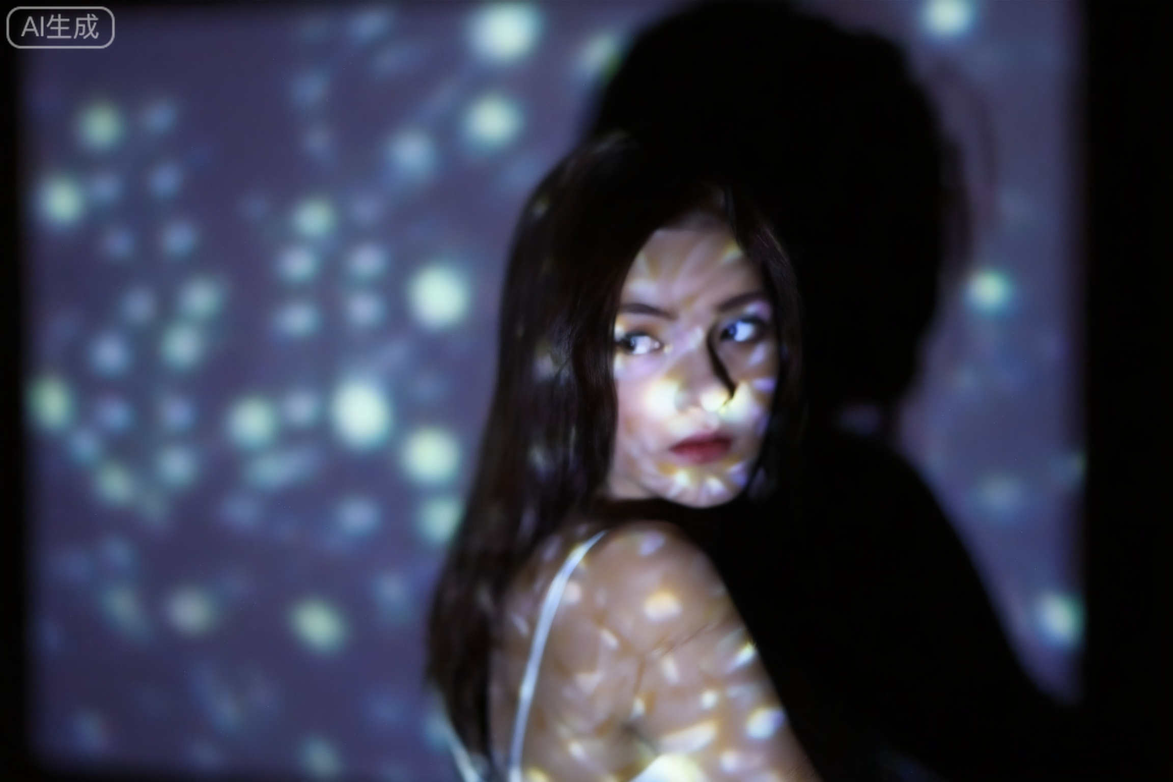 filmmood, a woman looking back over her shoulder, a shimmering projector-like field of light points cast across her face and the wall, deep shadow of her profile on the background, mysterious and ethereal atmosphere, narrative light as a cosmic texture.