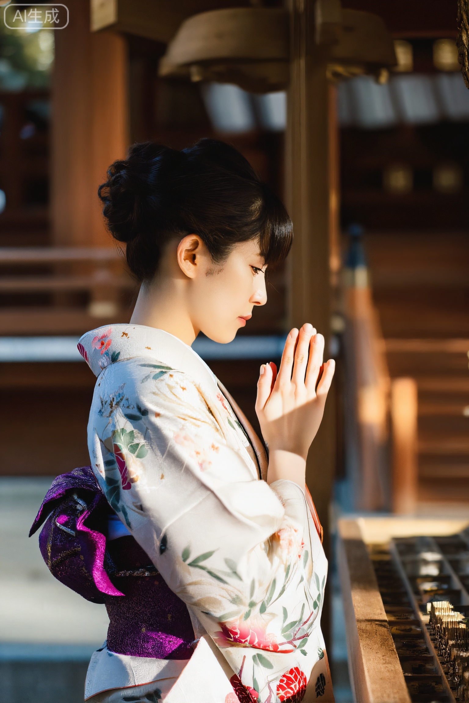 filmmood, side profile of a woman in a floral kimono praying at a shrine, clear side sunlight from the left hitting her face and hands, textures of the silk and wooden architecture are sharpened by the light, serene and spiritual narrative.