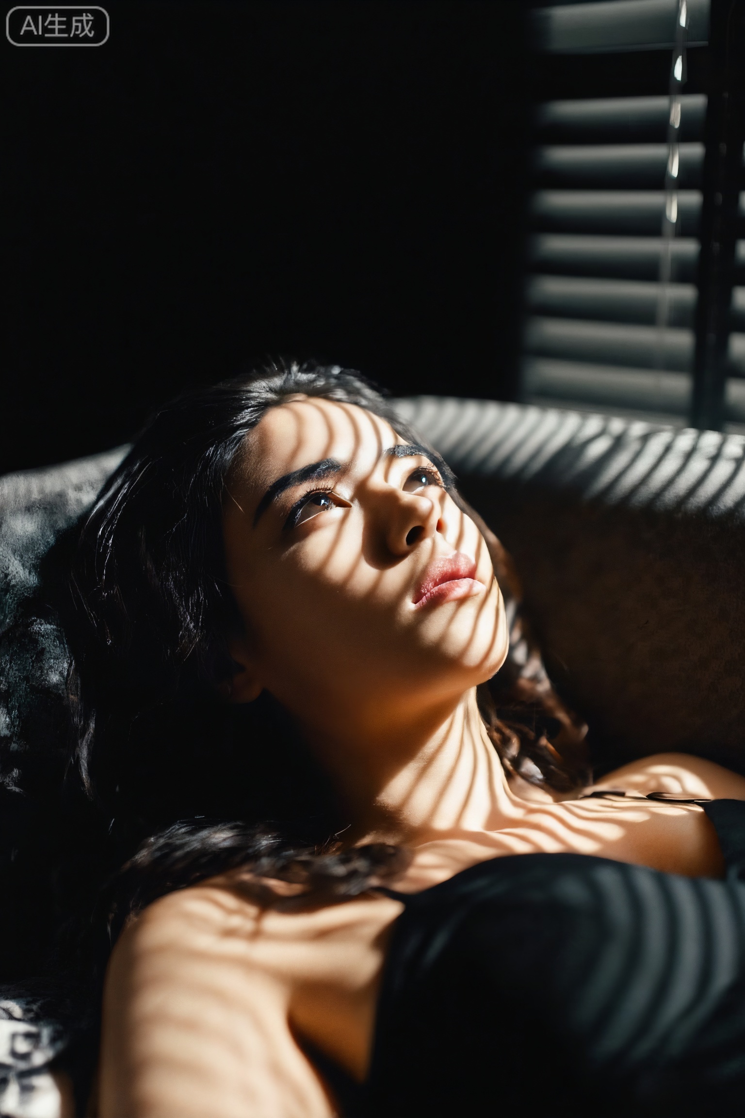filmmood, close-up of a woman lying on a dark sofa, dramatic striped shadows from blinds cast across her eyes and skin, hard window light, heavy emotional tension, introspective and mysterious interior.