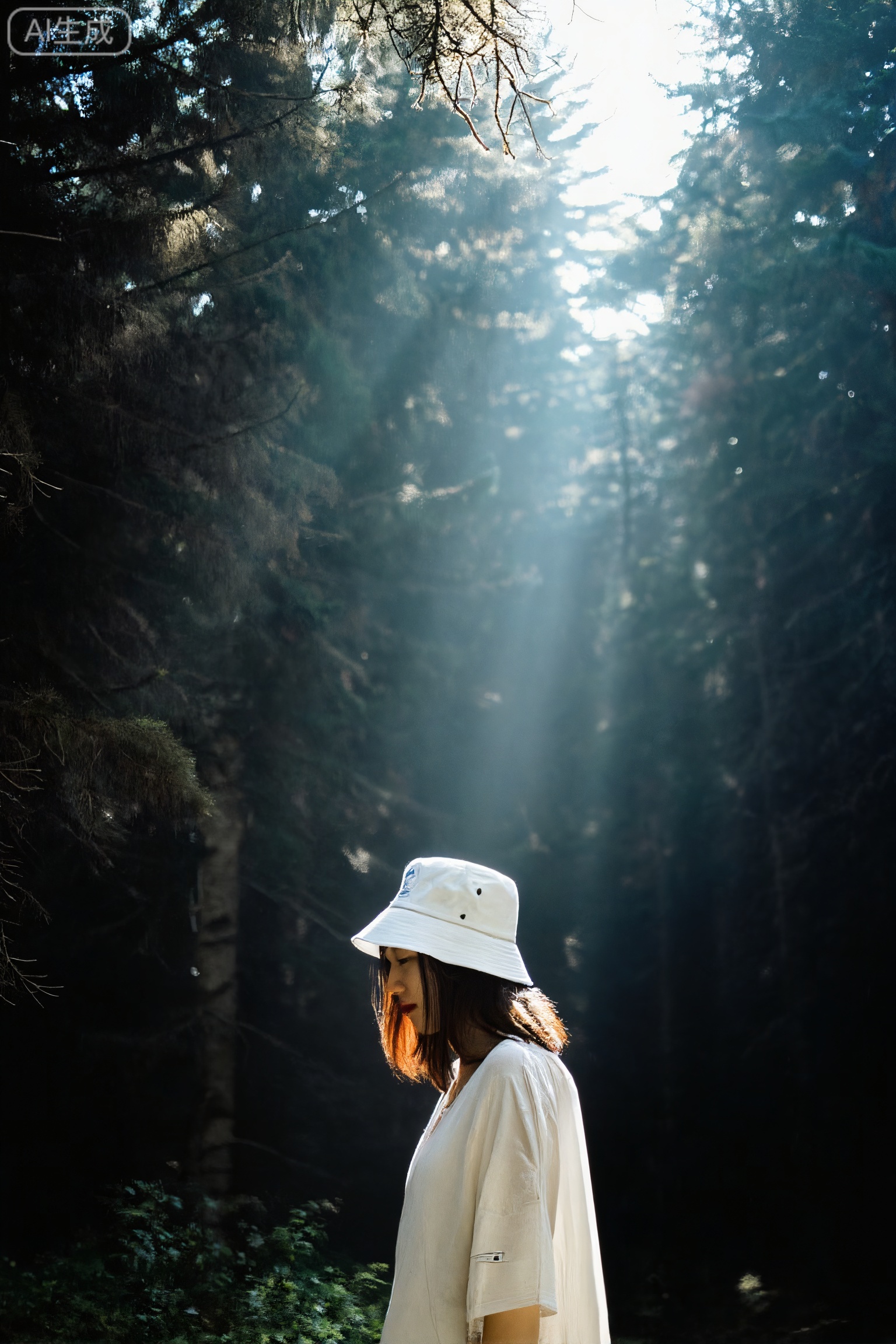 filmmood, a woman in a white bucket hat standing in a dense coniferous forest, strong volumetric light rays (Tyndall effect) piercing through the trees in the background, serene and calling atmosphere, environmental storytelling.