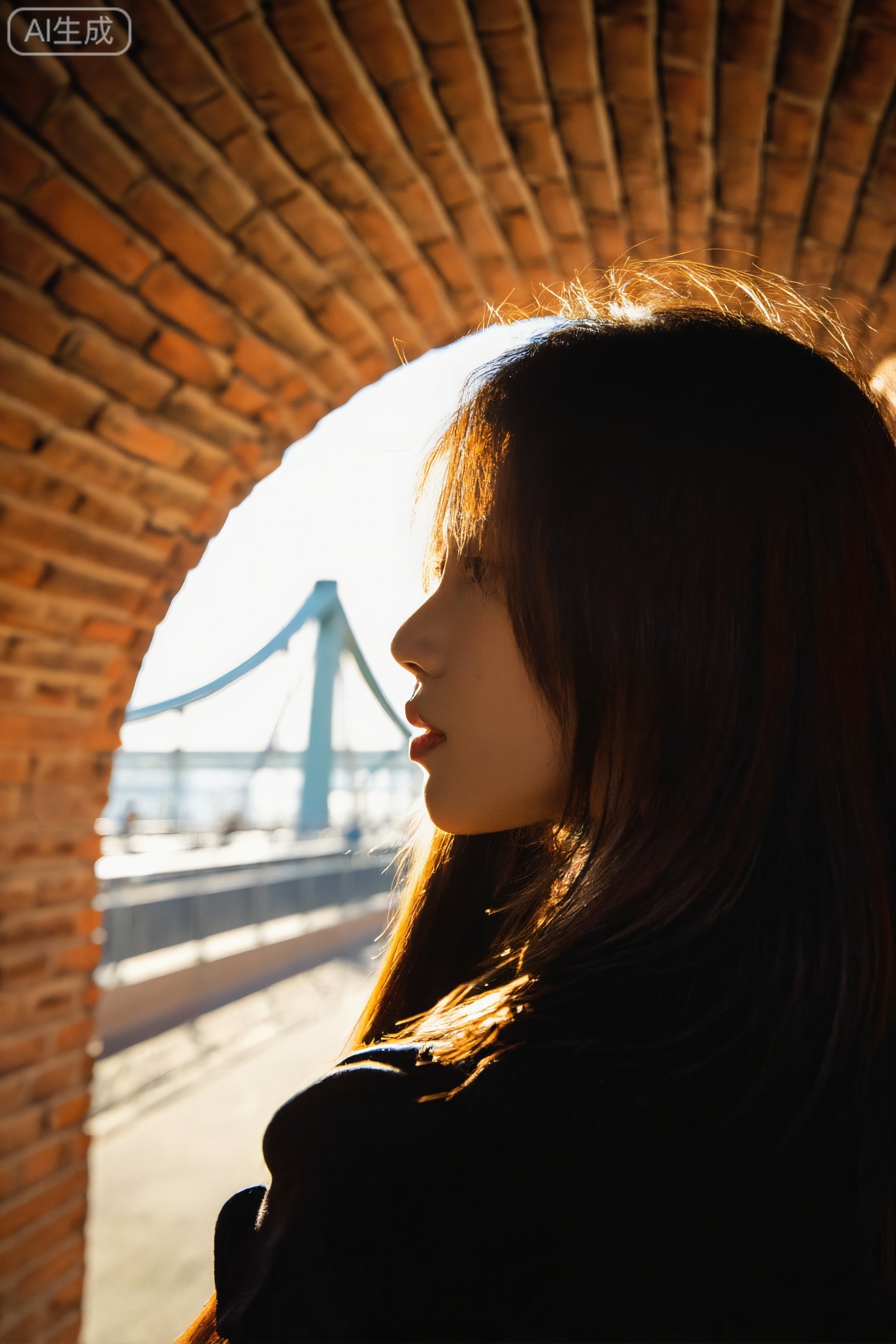filmmood, side profile of a woman framed by a textured brick archway, intense golden hour backlight creating a brilliant rim light on her hair, urban bridge in the distant bokeh, a sense of transition and quiet observation.