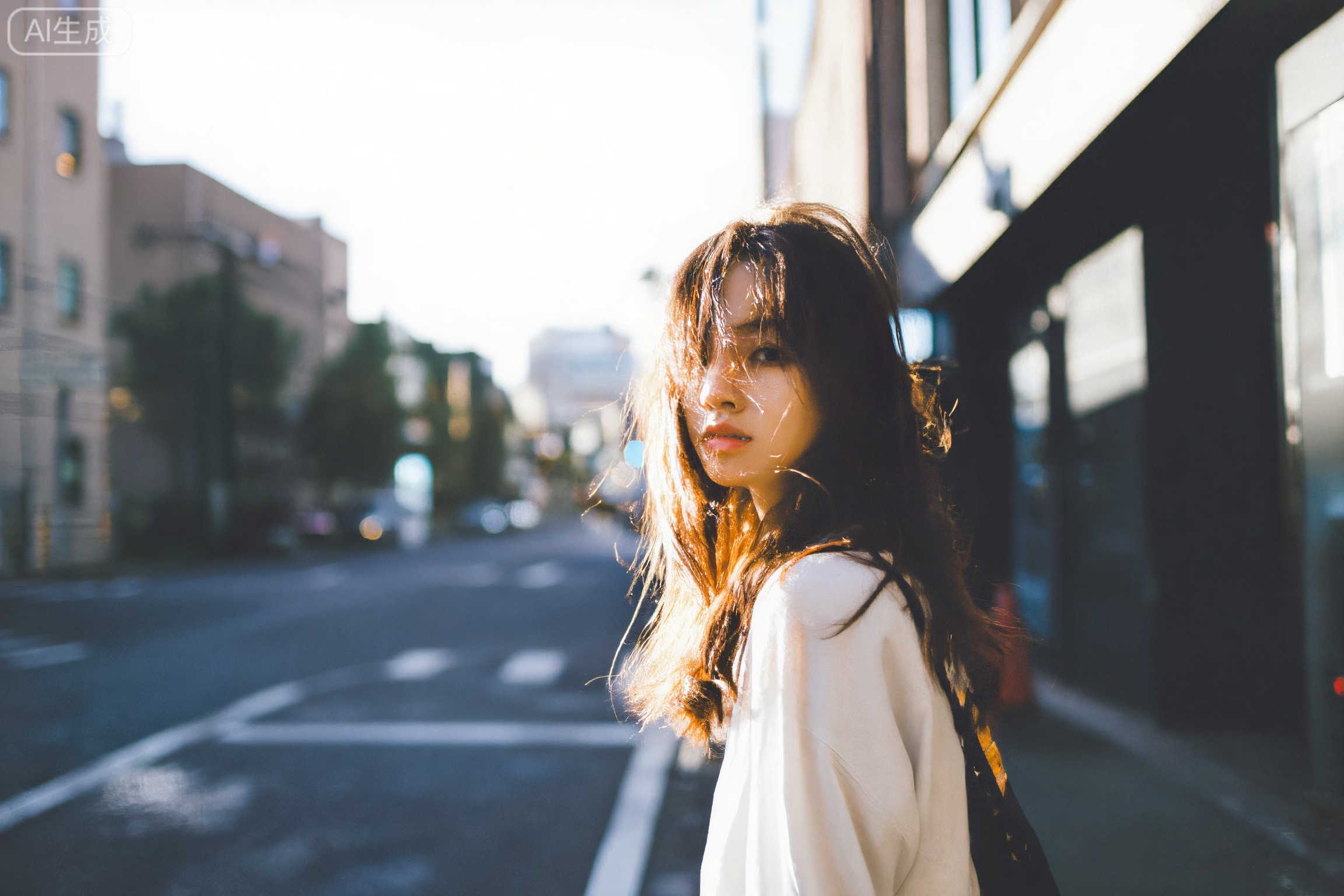 filmmood, a young woman looking back on a city street, strong afternoon backlight from the sun, creating a golden rim light around her hair, the shadows of buildings stretching in the background, a sense of urban loneliness and transition.