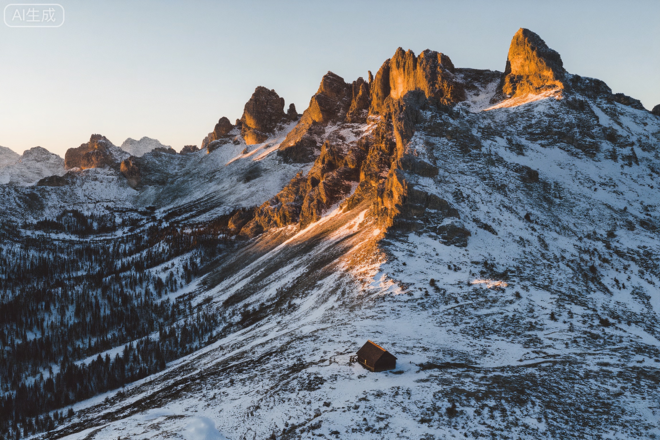 filmmood, a solitary mountain hut nestled among jagged snow-dusted peaks, warm golden hour light striking the rock faces against a cold winter landscape, sense of high-altitude isolation and a sanctuary in the wilderness.