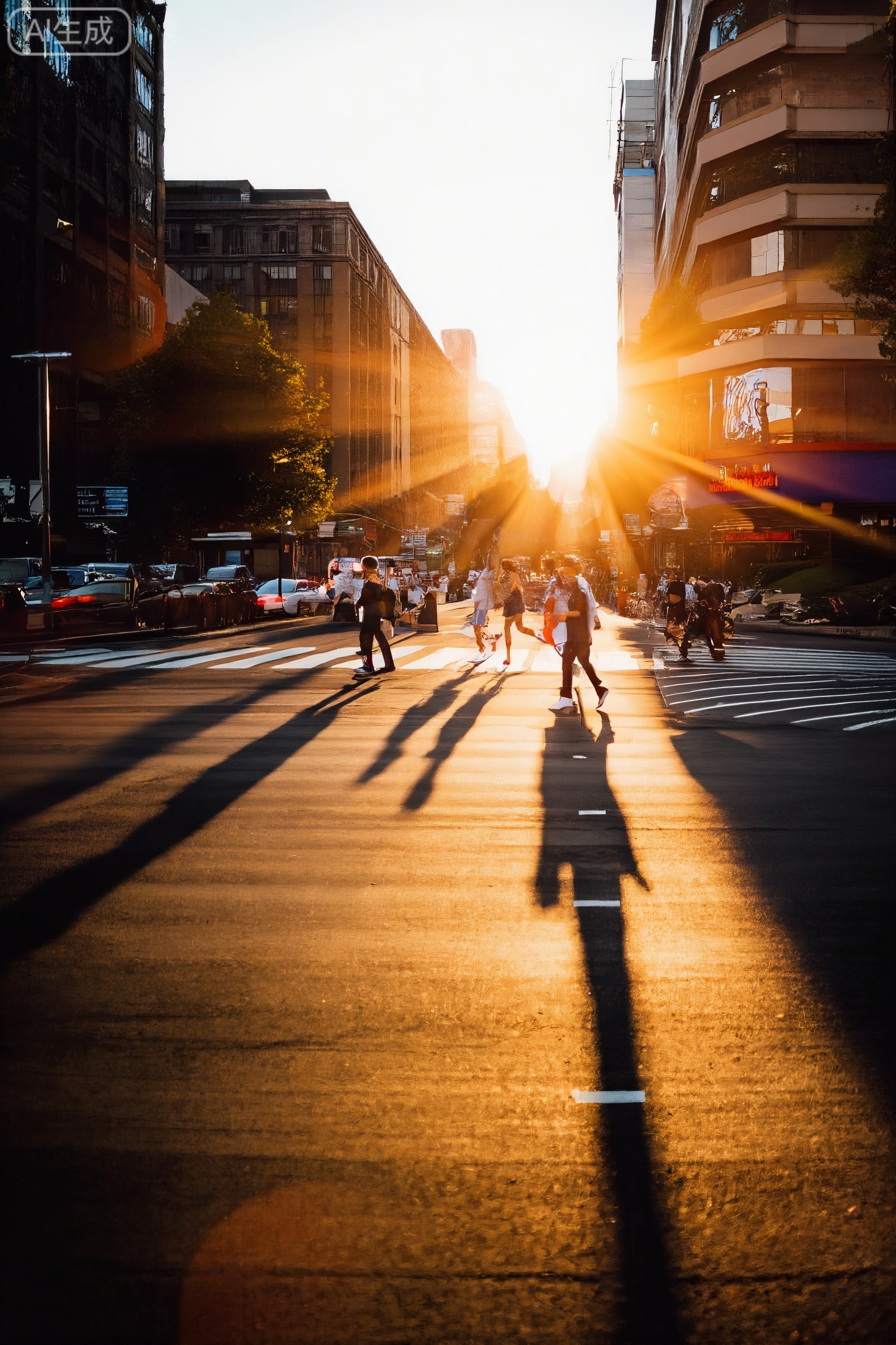 filmmood, a wide street crossing at sunset, powerful low-angle sun flare blinding the lens, long shadows of pedestrians stretching towards the foreground, warm and cinematic urban transition, capture the fleeting moment.
