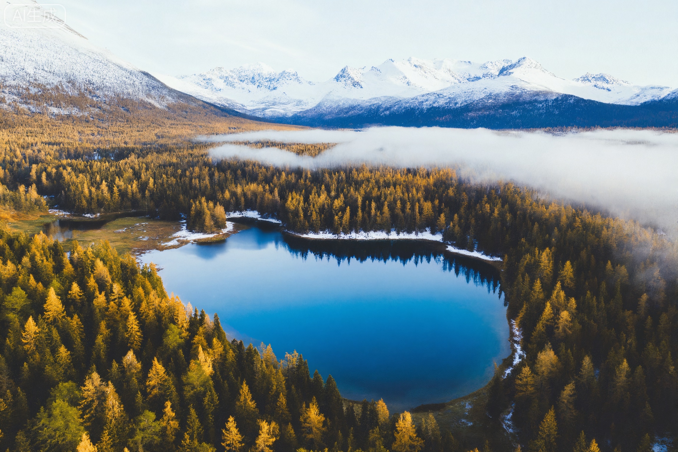 filmmood, a high-angle view of a heart-shaped blue lake surrounded by a golden and green forest, snowy peaks in the distance with low-lying morning mist, clean and crisp light, capturing the vibrant yet calm awakening of nature.