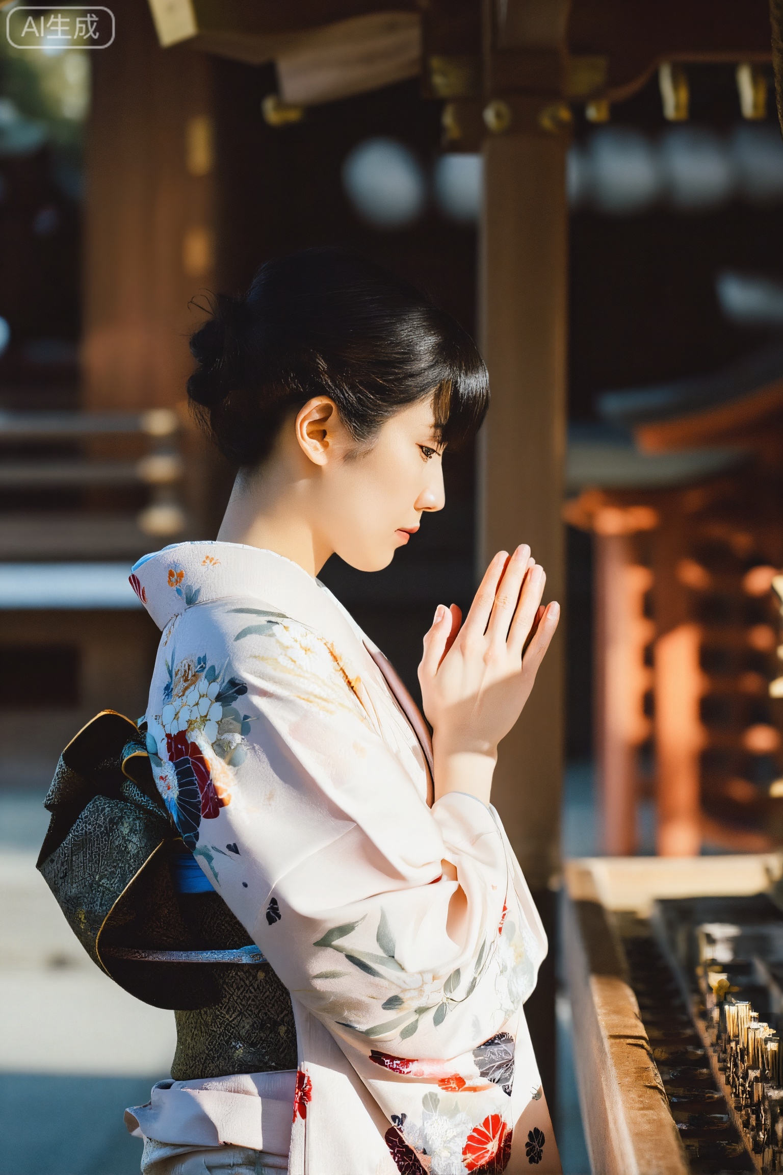 filmmood, side profile of a woman in a floral kimono praying at a shrine, clear side sunlight from the left hitting her face and hands, textures of the silk and wooden architecture are sharpened by the light, serene and spiritual narrative.