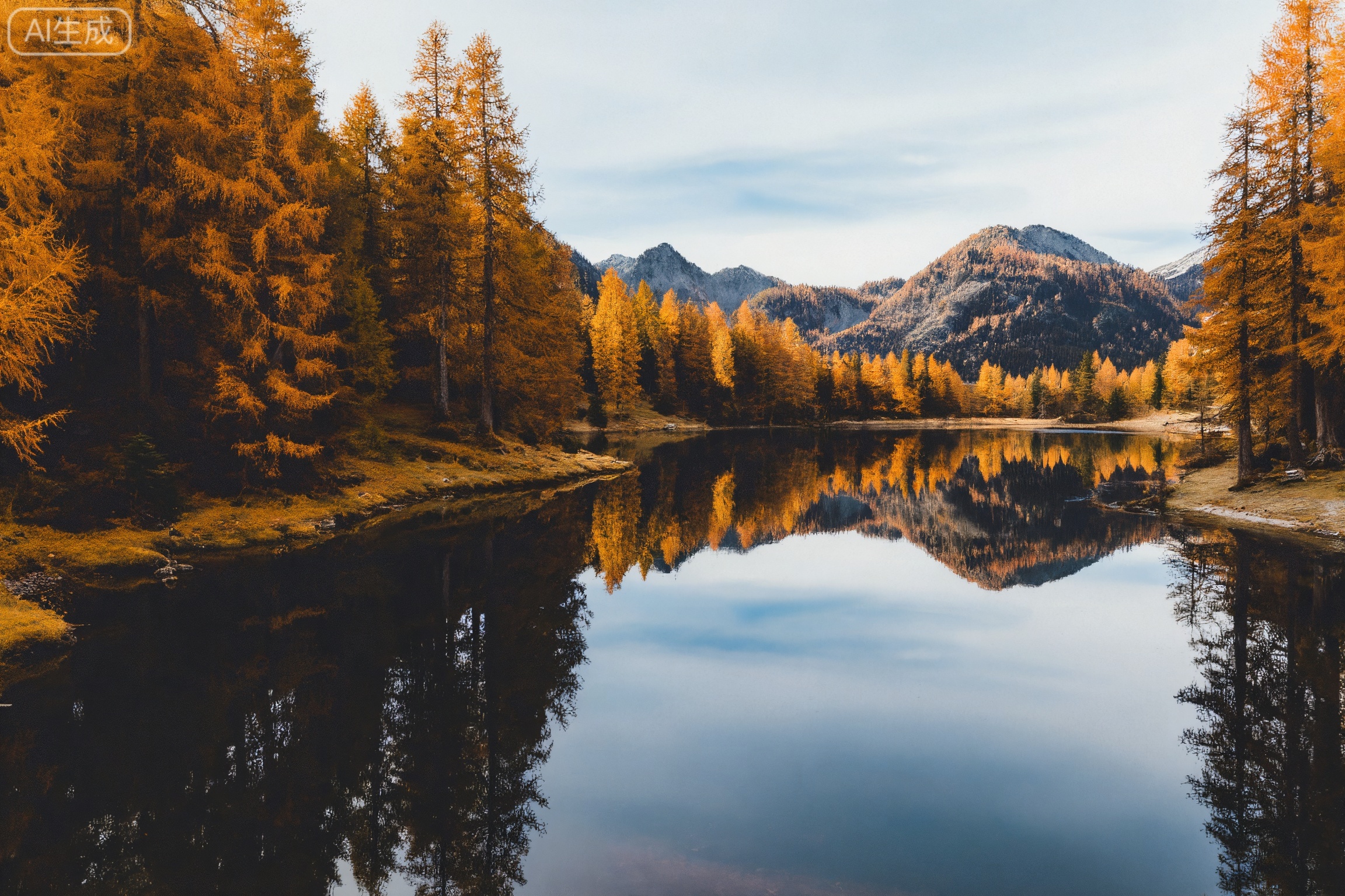 filmmood, a serene alpine lake surrounded by vibrant golden autumn larches, reflected mountains in the calm water, soft crisp daylight, a sense of stillness and seasonal transition, landscape as emotional space.
