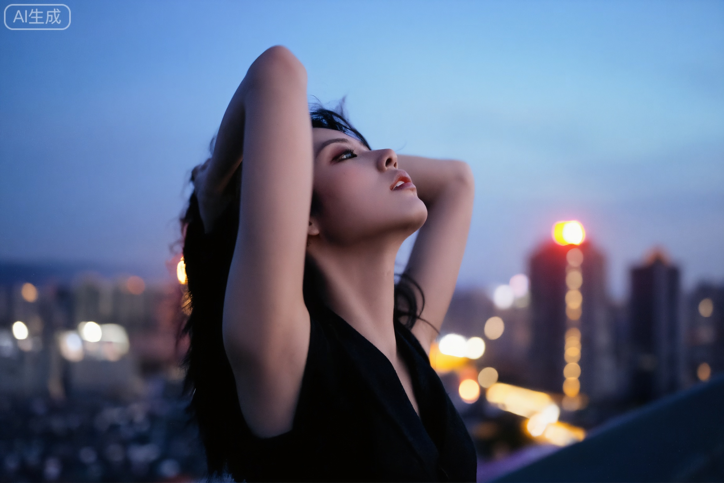 filmmood, a woman on a rooftop at twilight with her arms raised behind her head, soft city lights creating a warm bokeh background, moody blue hour atmosphere, a sense of urban freedom and introspection.