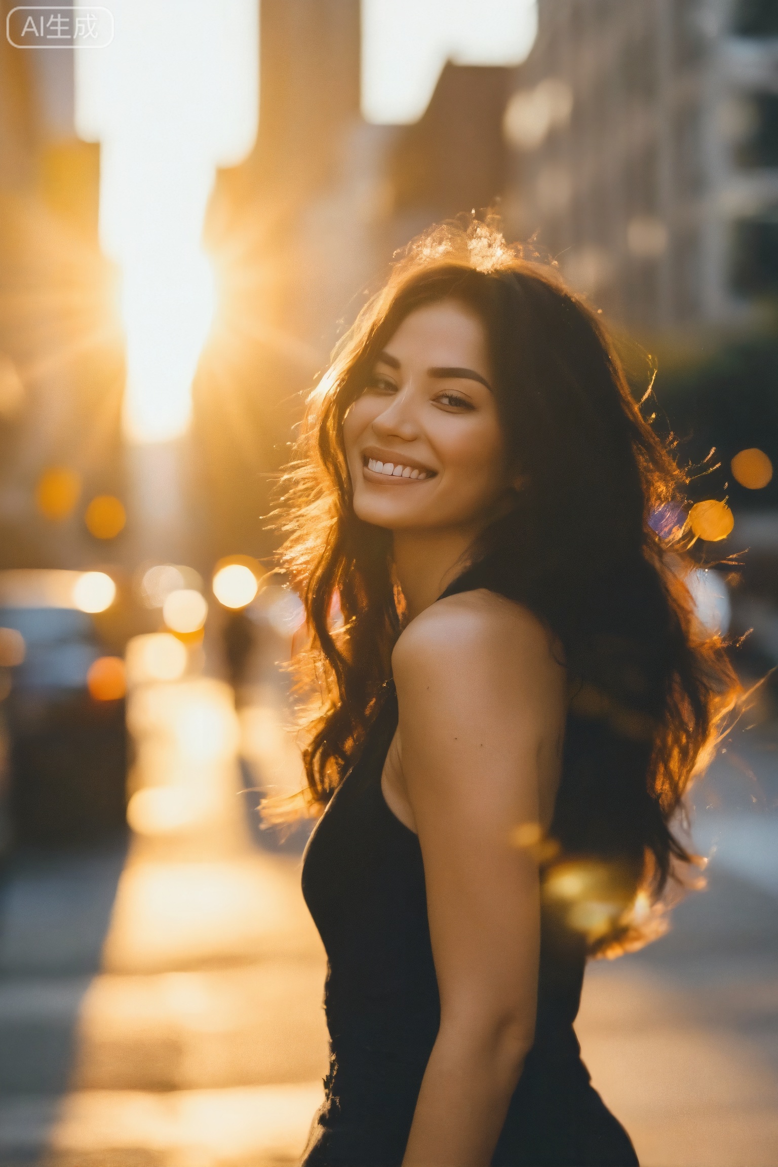 filmmood, a woman smiling on an urban street, warm golden hour backlight creating a brilliant glow and rim light on her long hair, soft city bokeh, sense of fleeting joy and natural warmth.