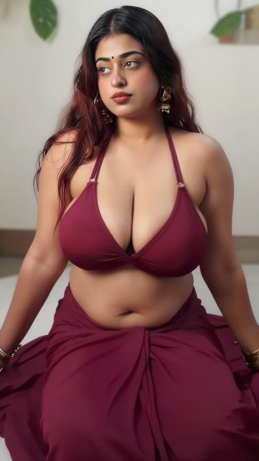 Create a seductive pose for a curvy woman with huge,  enormous breasts and deep cleavage. Removed saree on floor no saree...