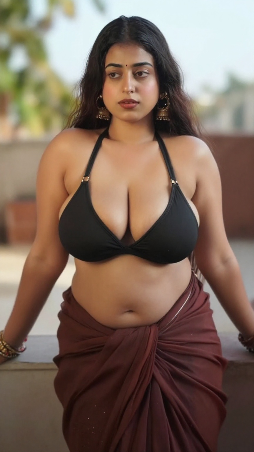 From above,  capture a seductive pose for a curvy woman with huge,  enormous breasts and deep cleavage. Ensure her midriff...