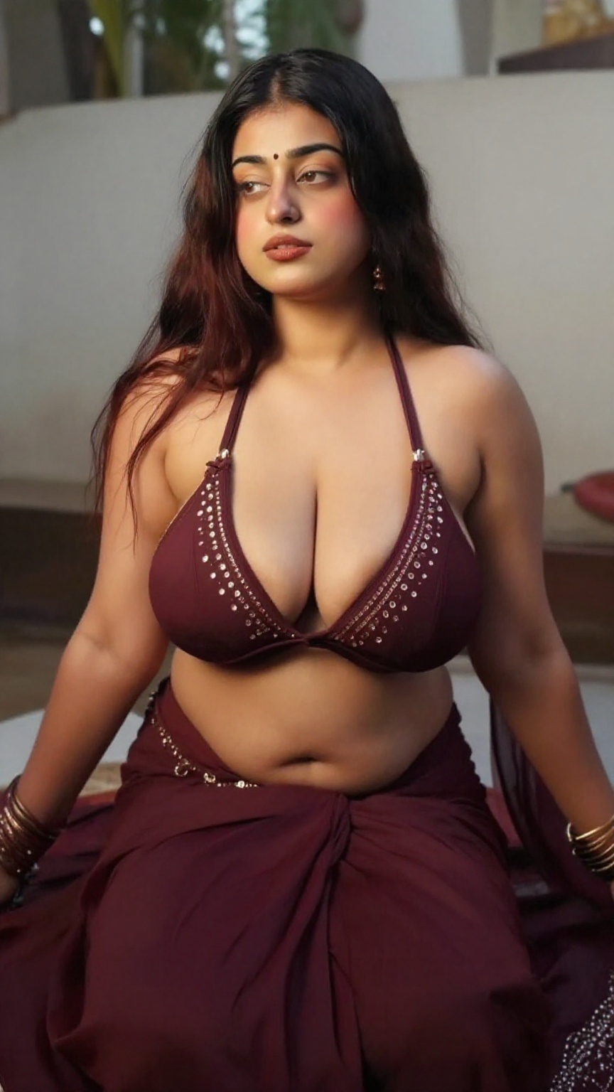 Create a seductive pose for a curvy woman with huge,  enormous breasts and deep cleavage. Removed saree on floor no saree...