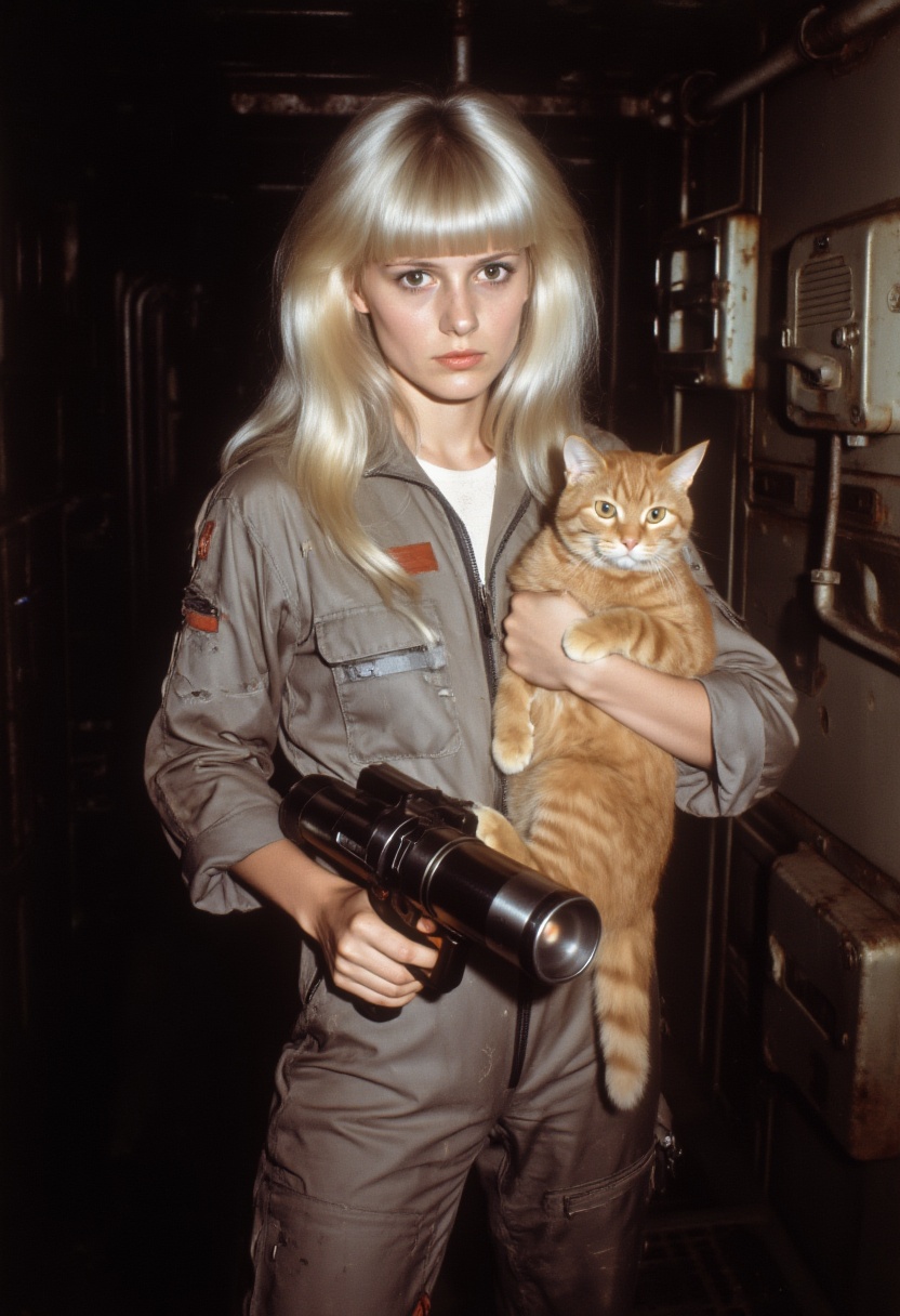A nostalgic 1970s cinematic sci-fi movie still of lii_g1rl. She has long platinum blonde hair with thick,  straight-cut bl...