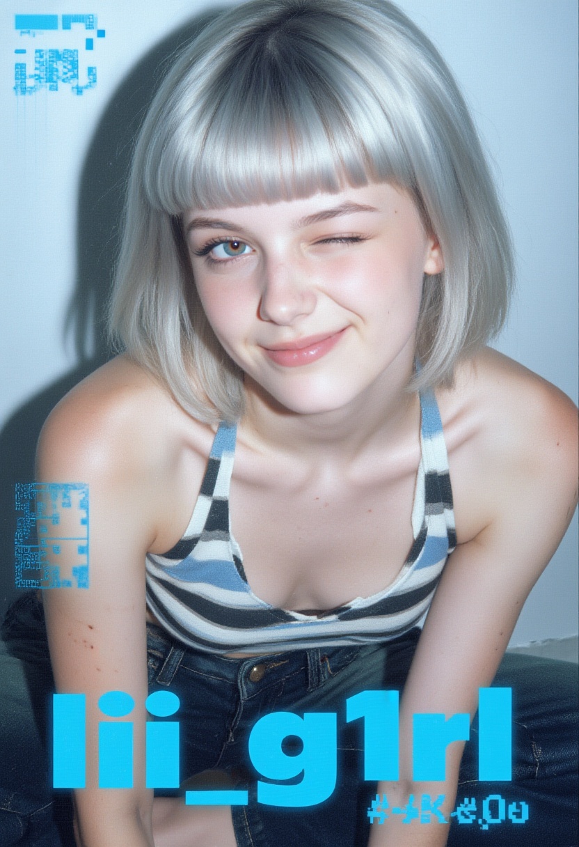 A grainy Y2K-era technology promotional photo of lii_g1rl. She has ashy blonde hair with straight blunt bangs,  leaning to...
