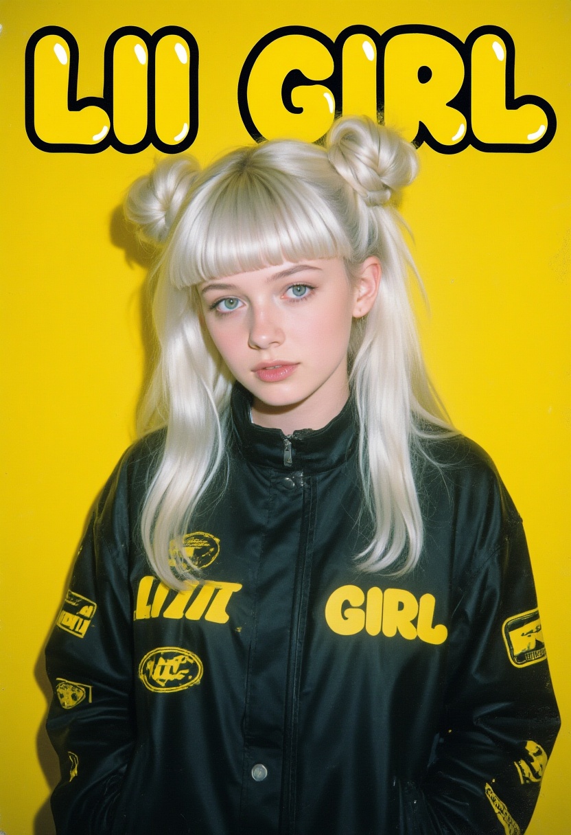 A nostalgic late 90s streetwear magazine cover featuring lii_g1rl. She has long platinum blonde hair styled in two messy s...